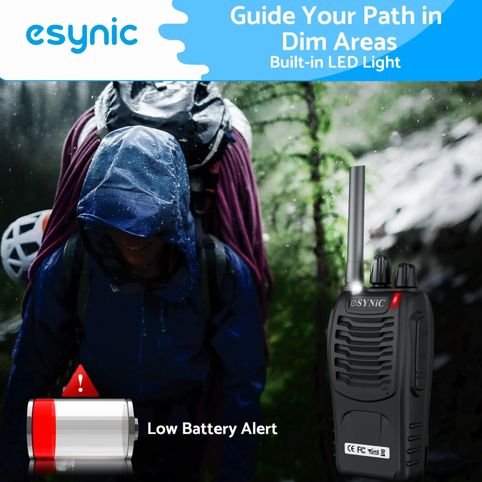 eSynic 4PCS Walkie Talkie Recargable 16 Canales Walkie Talkie de Largo Alance con Auriculares Originales CTCSS DCS Walky Talky Admite VOX LED Linterna para Ciclismo y Senderismo,etc