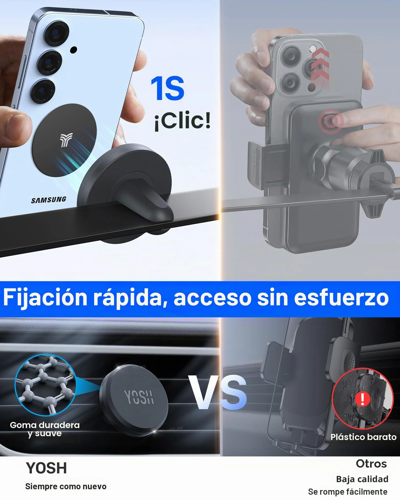 YOSH Soporte Movil Coche Iman, Soporte Magnetico Telefono Coche para Aire Ventilacion, Imanes Mejorados Mas Fuertes & Super Estable, Compatible con iPhone Samsung Huawei, Incluye Placas Metalicas