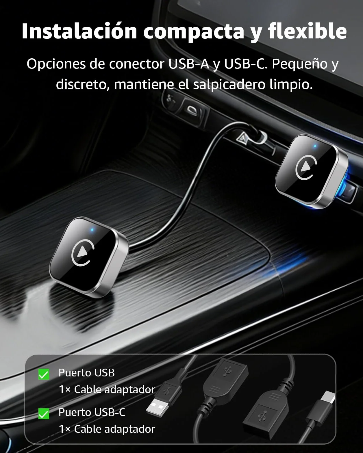 Adaptador CarPlay Inalámbrico y Android Auto, Mini Convertidor USB-A/USB-C Plug & Play, de Cable a Inalámbrico, Conexión Automática, WiFi 2.4GHz/5.8GHz, para Coches con CarPlay de Fábrica