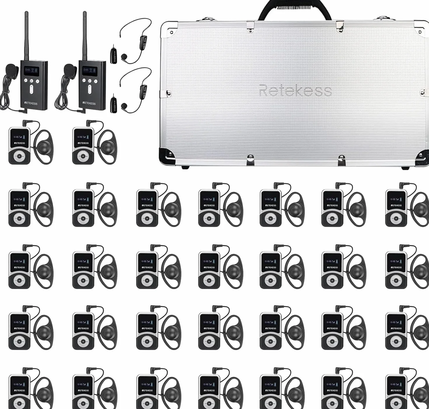 Retekess T130S (T130 2rd) Tour Guide System, Sistema de Audioguía Turística, con 2 Micrófonos TT123, 100M, Operación Conveniente, Caja Carga Portátil de 32 Ranuras, para Turismo, Fábrica, Universidad