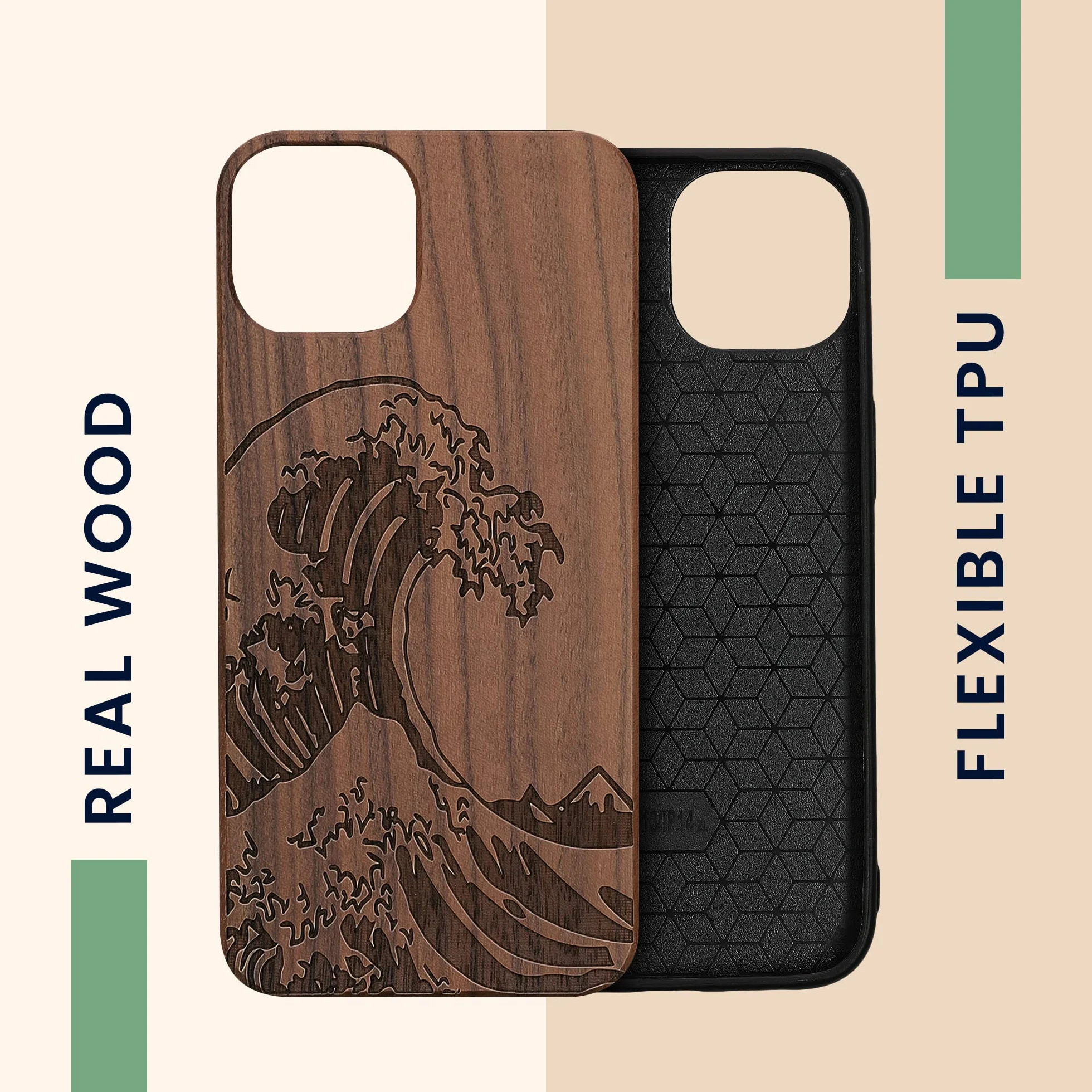kwmobile Funda de Madera Compatible con Apple iPhone 13 con Bumper Antigolpes - Estampa Japonesa