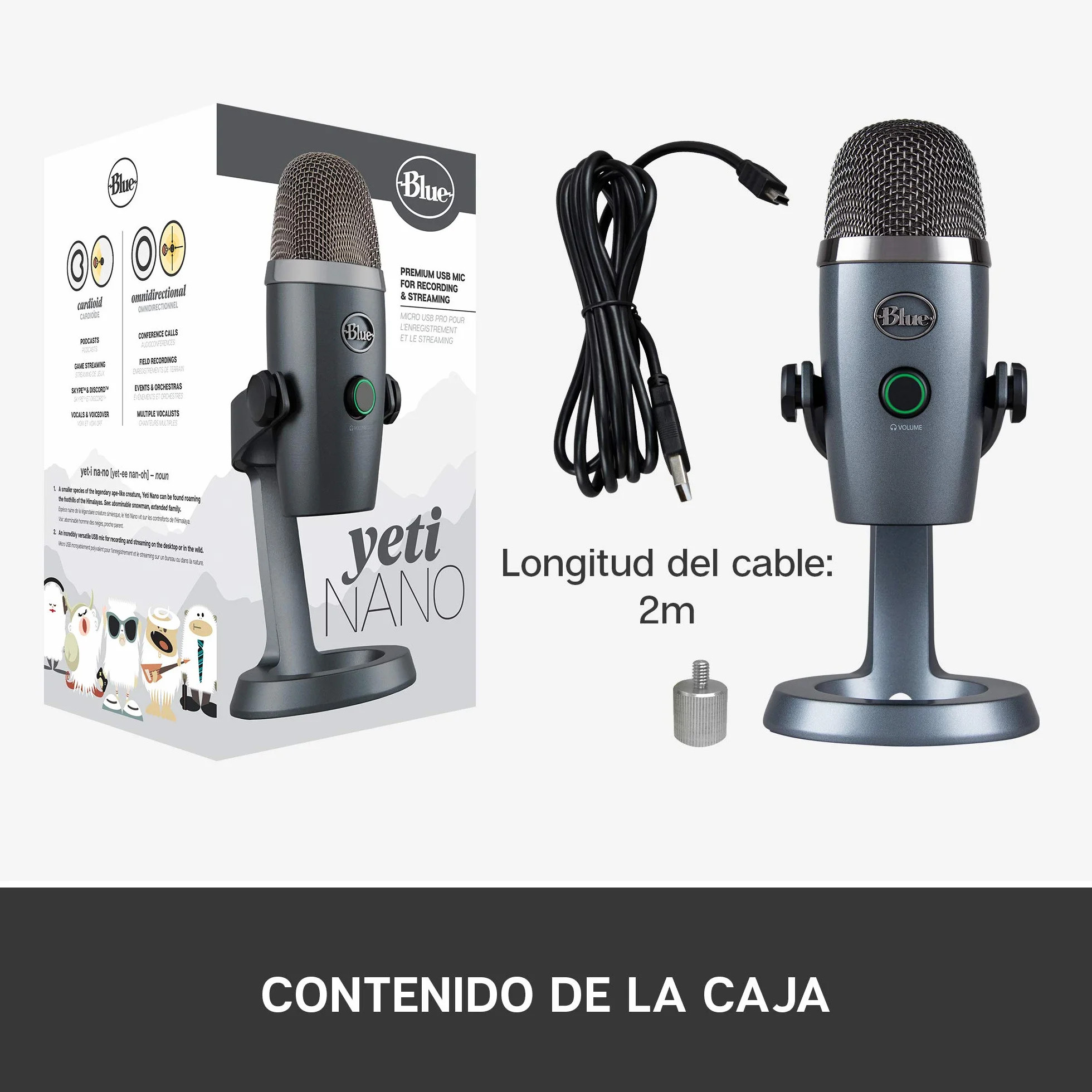 Logitech for Creator Blue Yeti Nano - Micrófono de condensador USB Premium, Grabación, Streaming, Gaming, Podcasting, PC, Mac, Efectos Blue VO!CE, Cardioide y Omnidireccional, Sin Latencia, Gris