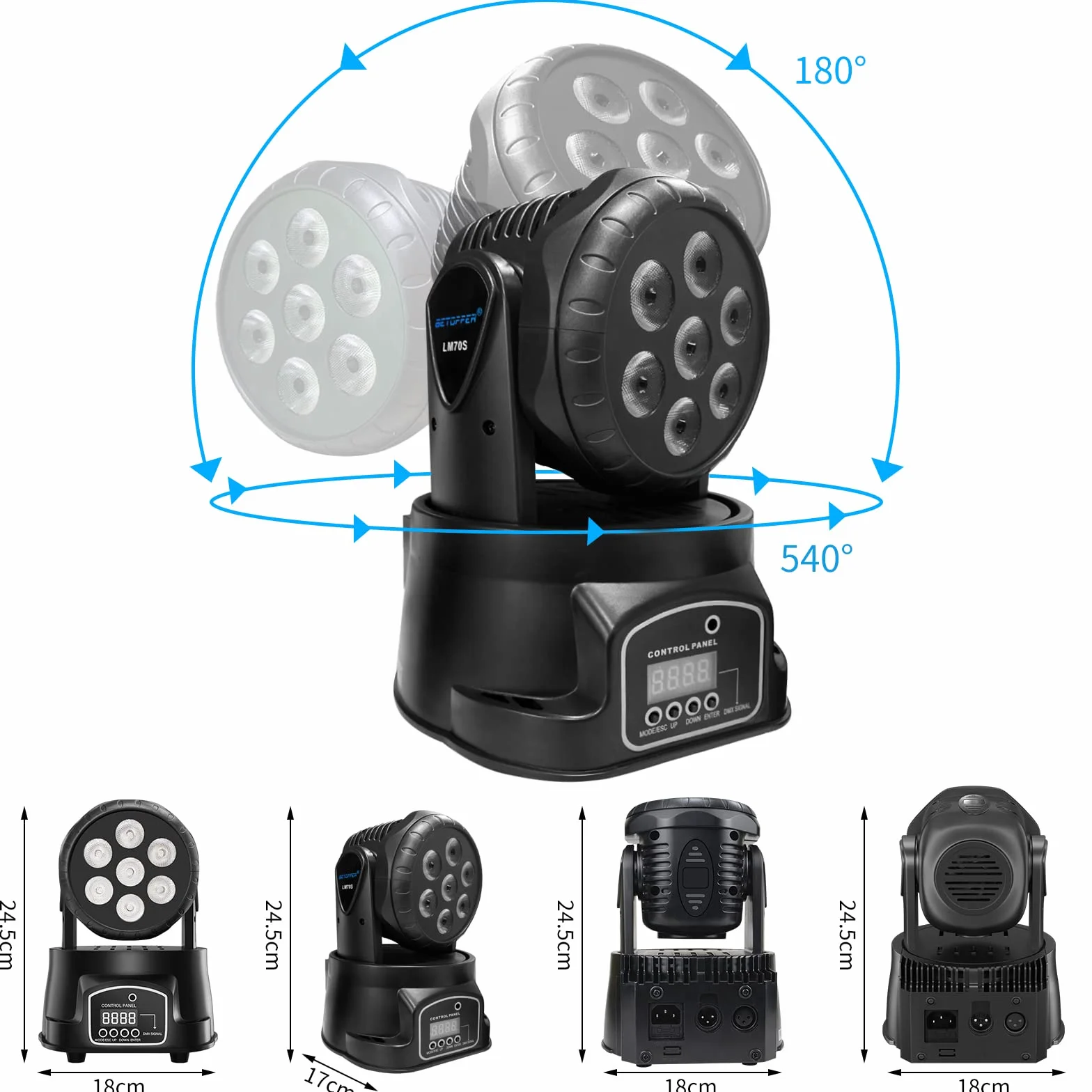 BETOPPER Cabeza Móvil LED, Luz Discoteca 7x8W LED RGBW, DMX 512 Luces Discoteca con 4 Modo de Control para DJ, Disco Party, Bar Club Nocturno LM70S 1-Pack