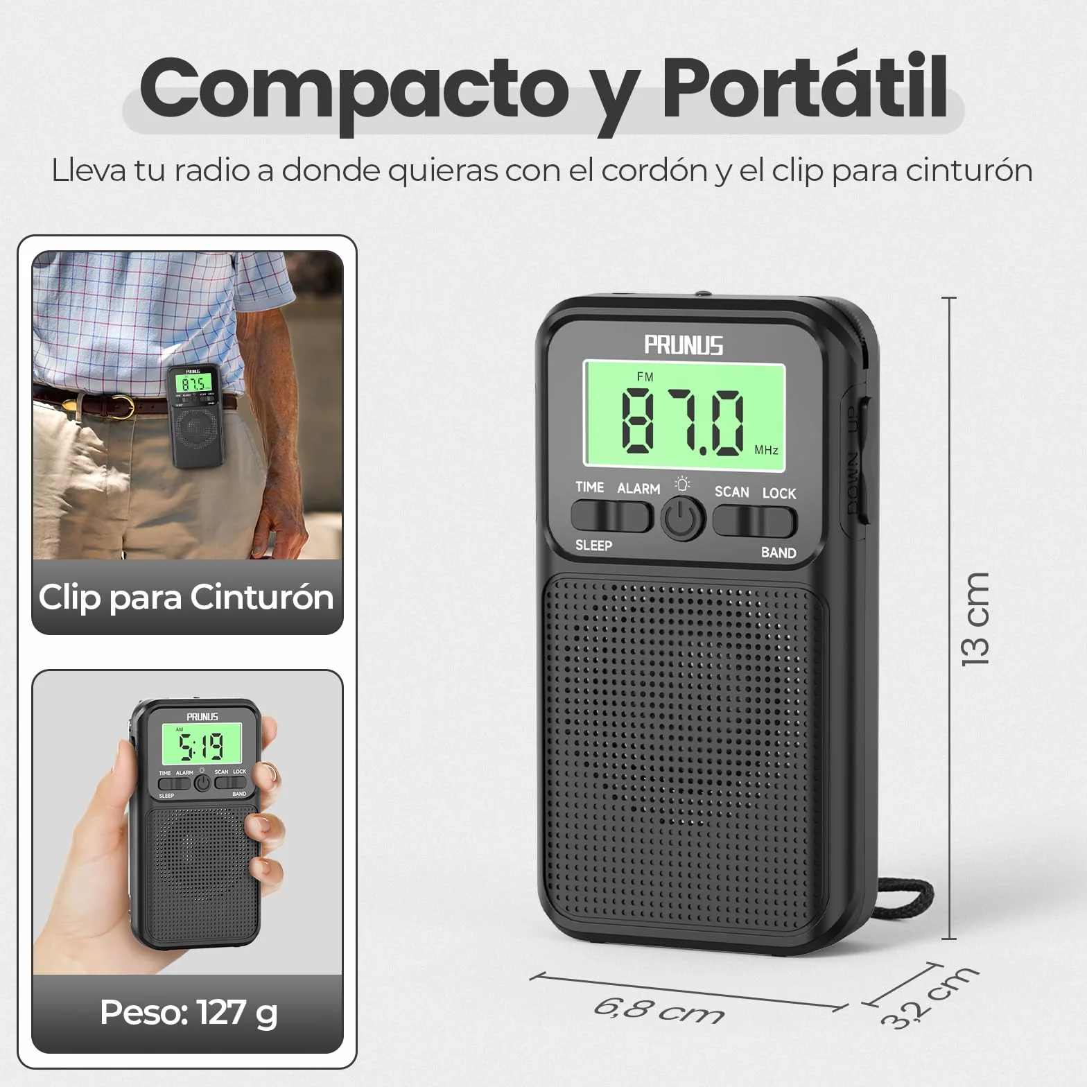 PRUNUS J-128 Radio Portátil Pequeña AM/FM Digital con Despertador, Temporizador de Sueño, Pilas