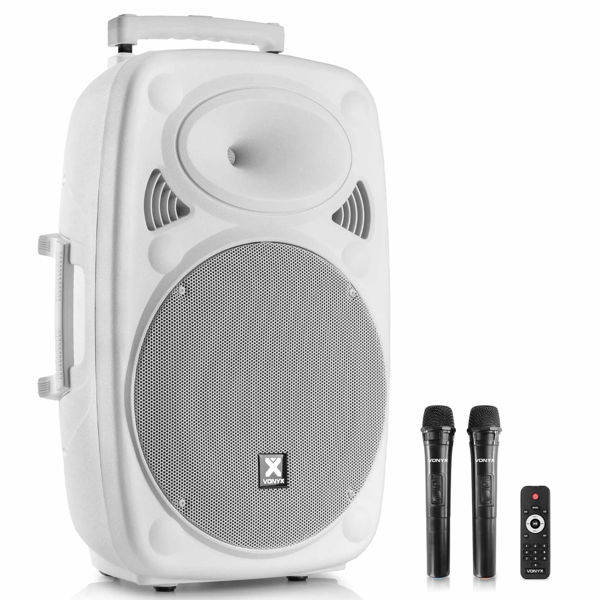 Vonyx Verve46 - Altavoz portátil autoamplificado de 1000W con batería, Bluetooth, subwoofer de 15", Reproductor USB/SD/MP3, Entrada AUX, 2 micrófonos UHF, Karaoke y Mando a Distancia, Color Blanco