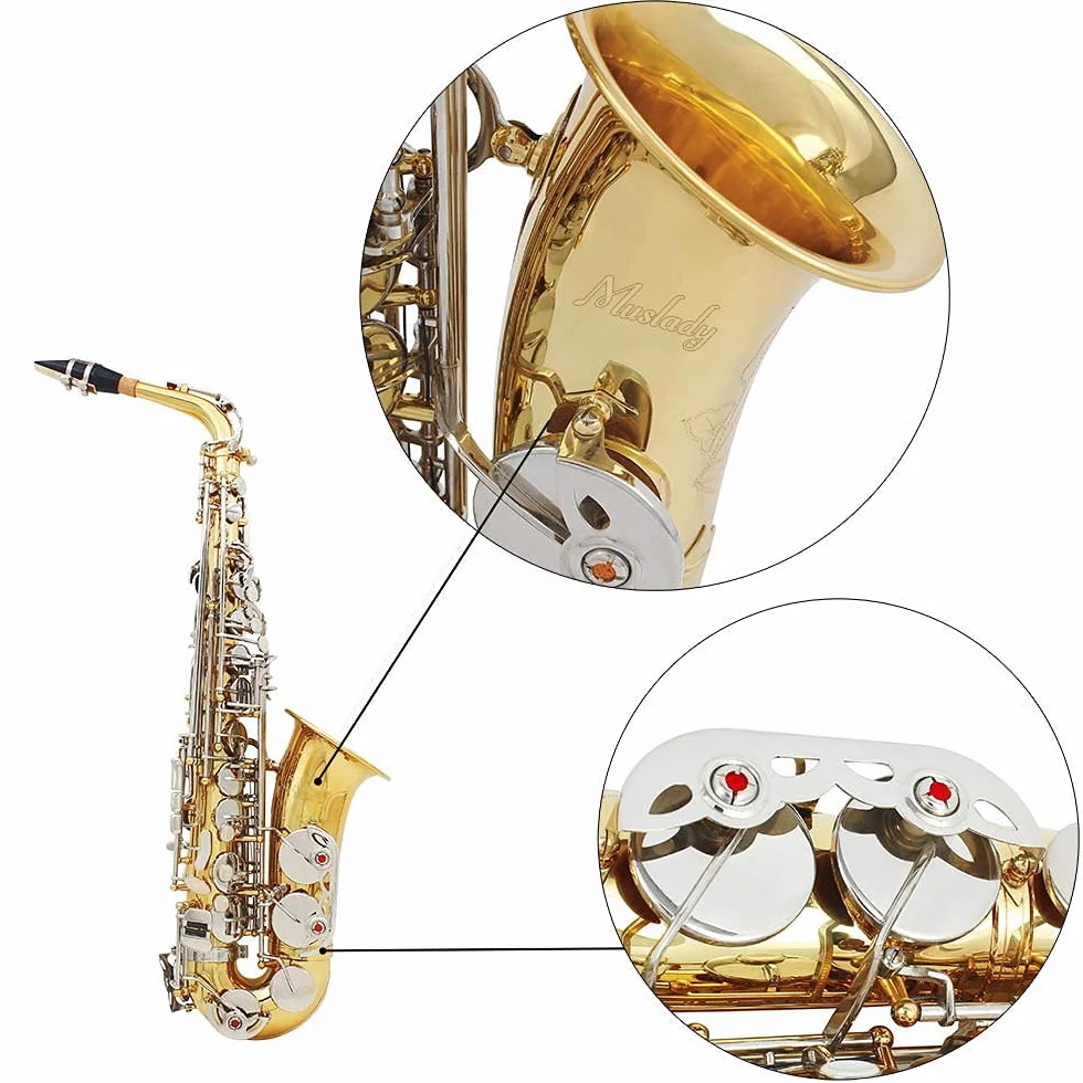 Saxofón alto, latón brillante, grabado Eb, botón de concha blanca, instrumento de viento con funda, guantes de silencio, paño de limpieza, cepillo para cinturón