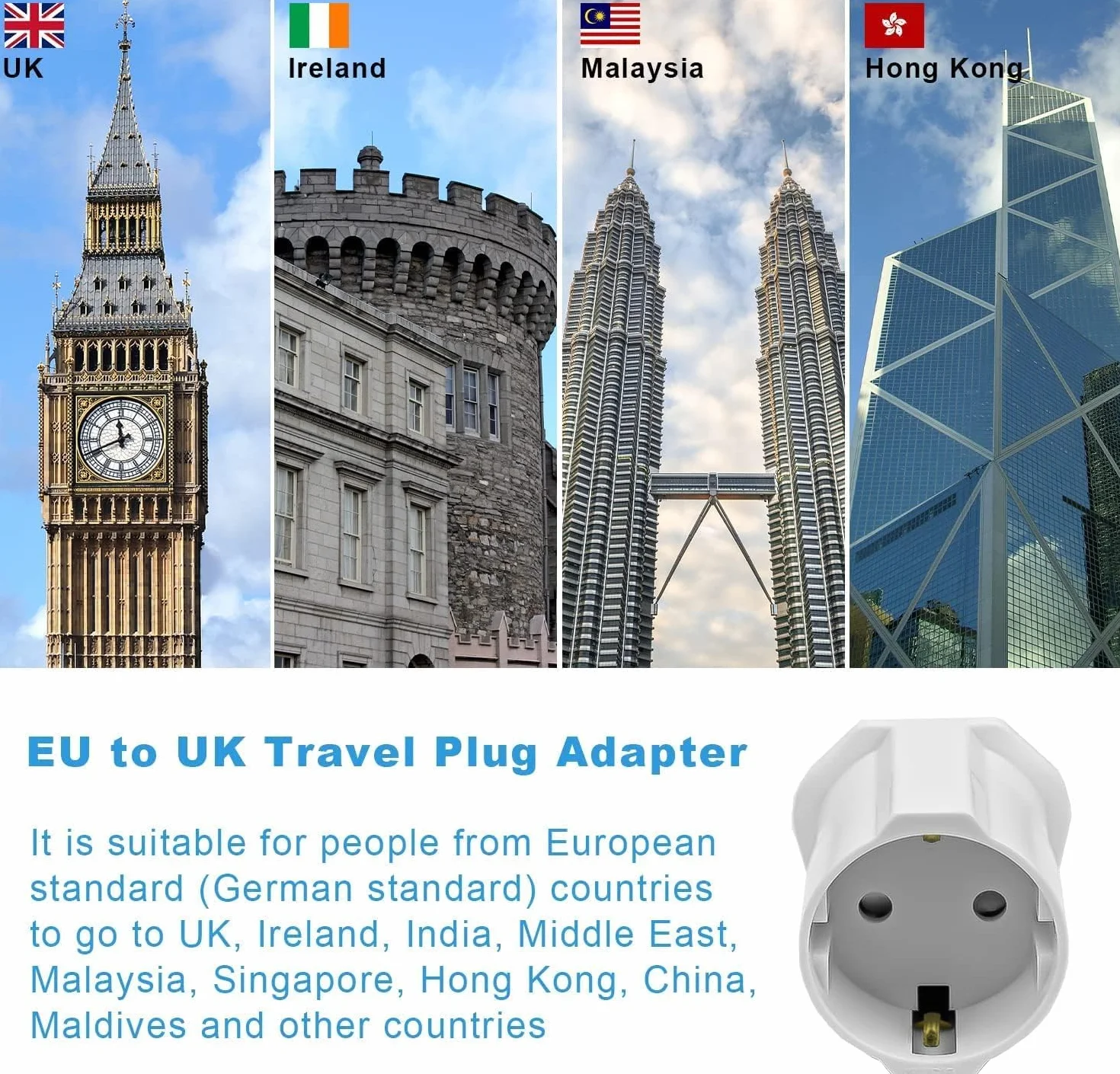 Adaptador Enchufe UK a Español Tipo G 2-Pin Europa a 3-Pin Reino Unido con Seguridad para Niños