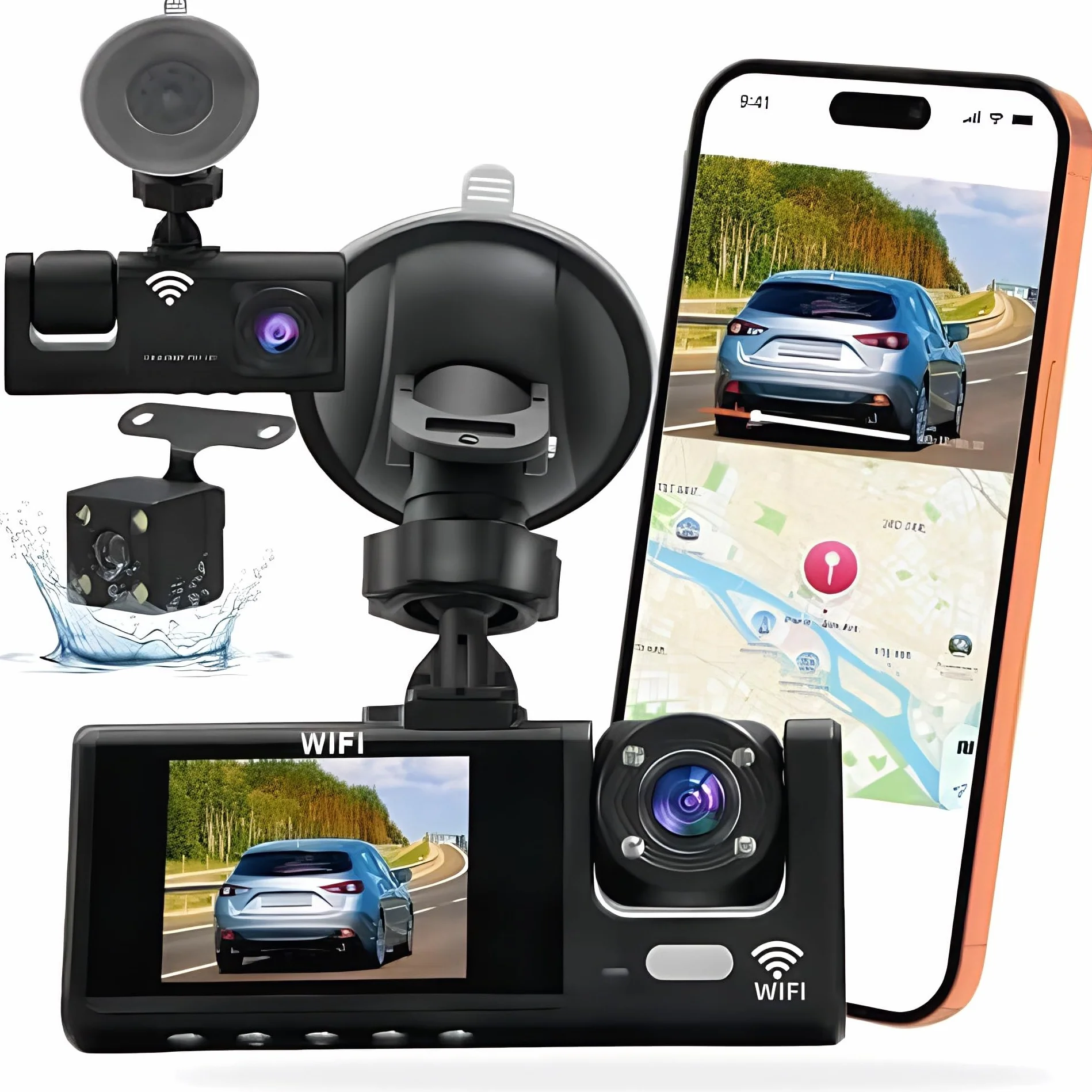 Cámara Dashcam 3 cámaras 1080P Full HD | Seguridad máxima 360° sin ángulo muerto, visión nocturna y estacionamiento vigilado, WiFi integrada detección de movimiento, ideal para conductor VTC
