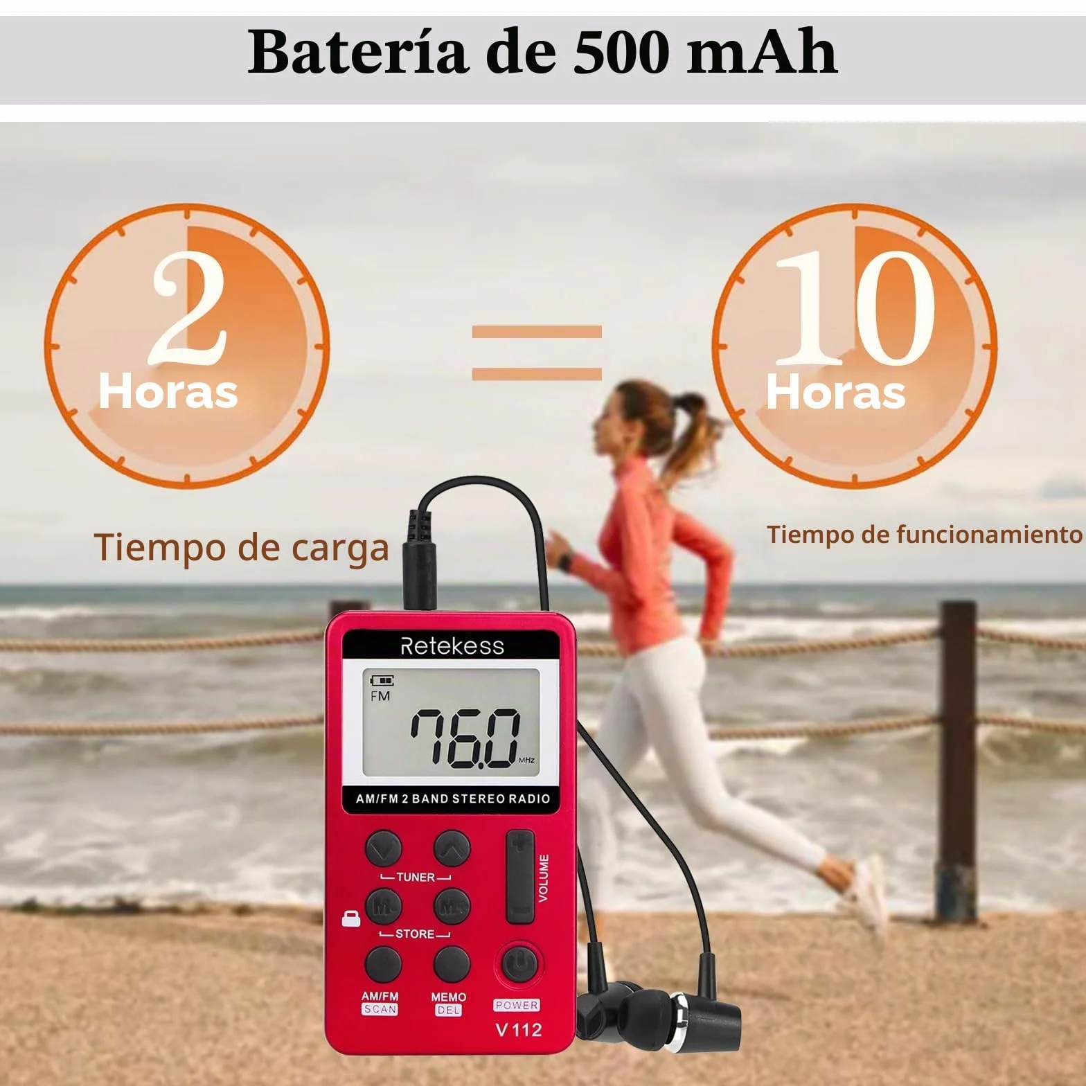 Retekess V112 Radio Portátil Pequeña,Mini Receptor de Sintonizador Digital Am FM,Batería Recargable,con Auriculares,Temporizador de Apagado,Adecuado para Correr,Viajar,Pescar(Rojo)