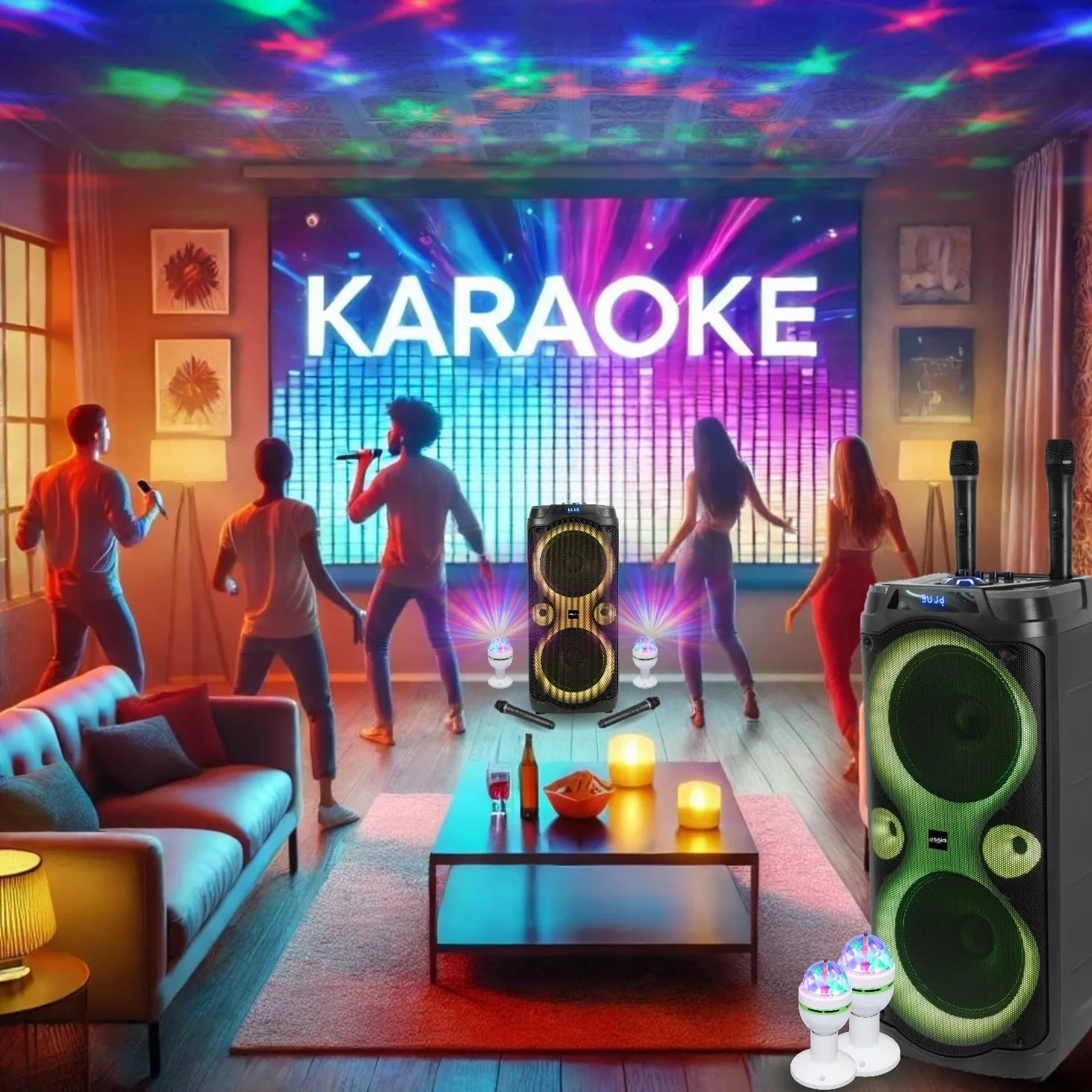 Ibiza Sound - Pack de altavoz Karaoke (1000 W, Bluetooth TWS, 1000 W, 2 micrófonos inalámbricos, 2 efectos de luz giratoria, noche
