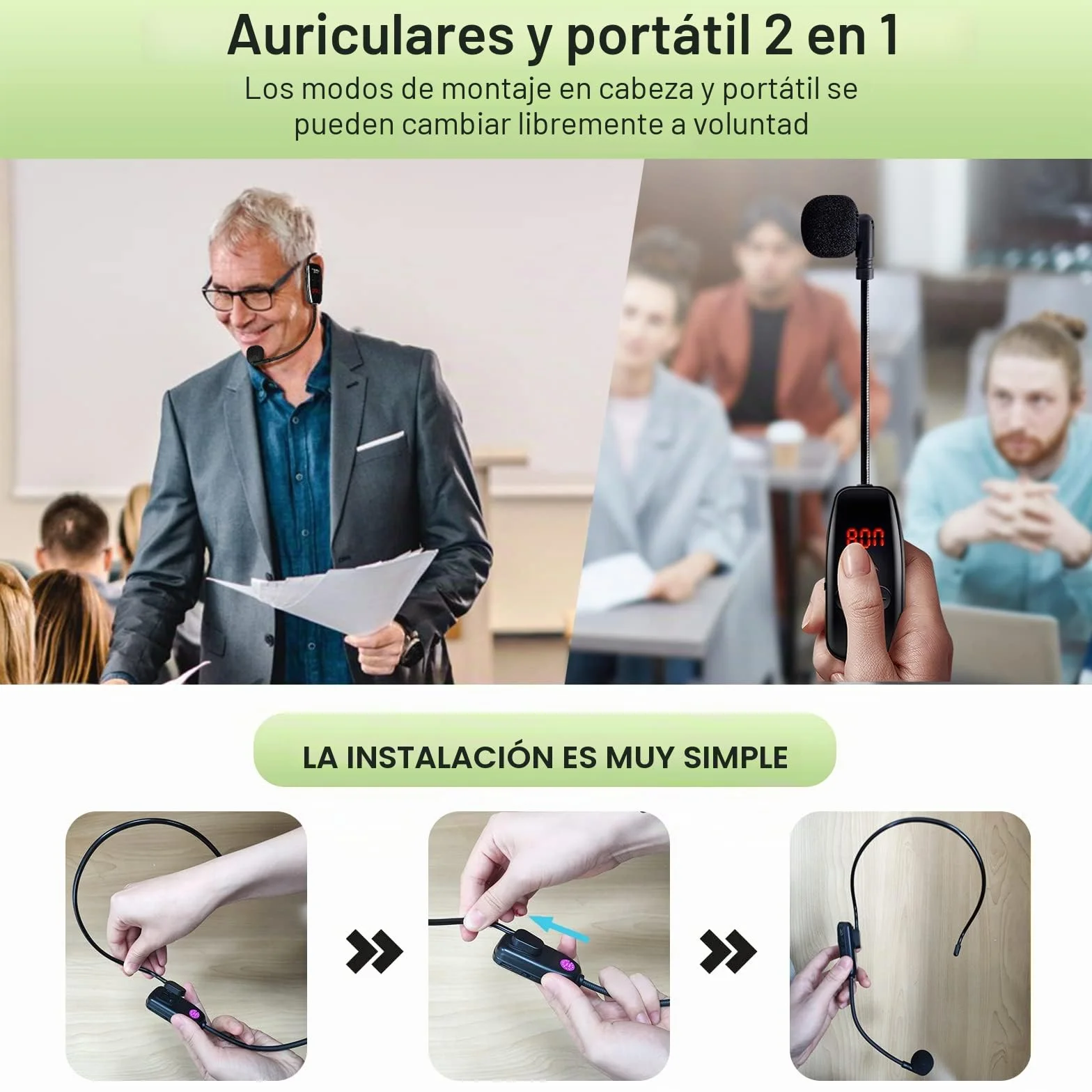 Micrófono Inalámbrico,Micrófono de Diadema Inalámbrico, UHF Wireless Microphone con Pantalla Digital LED,para Amplificador/Altavoz/Sistema PA