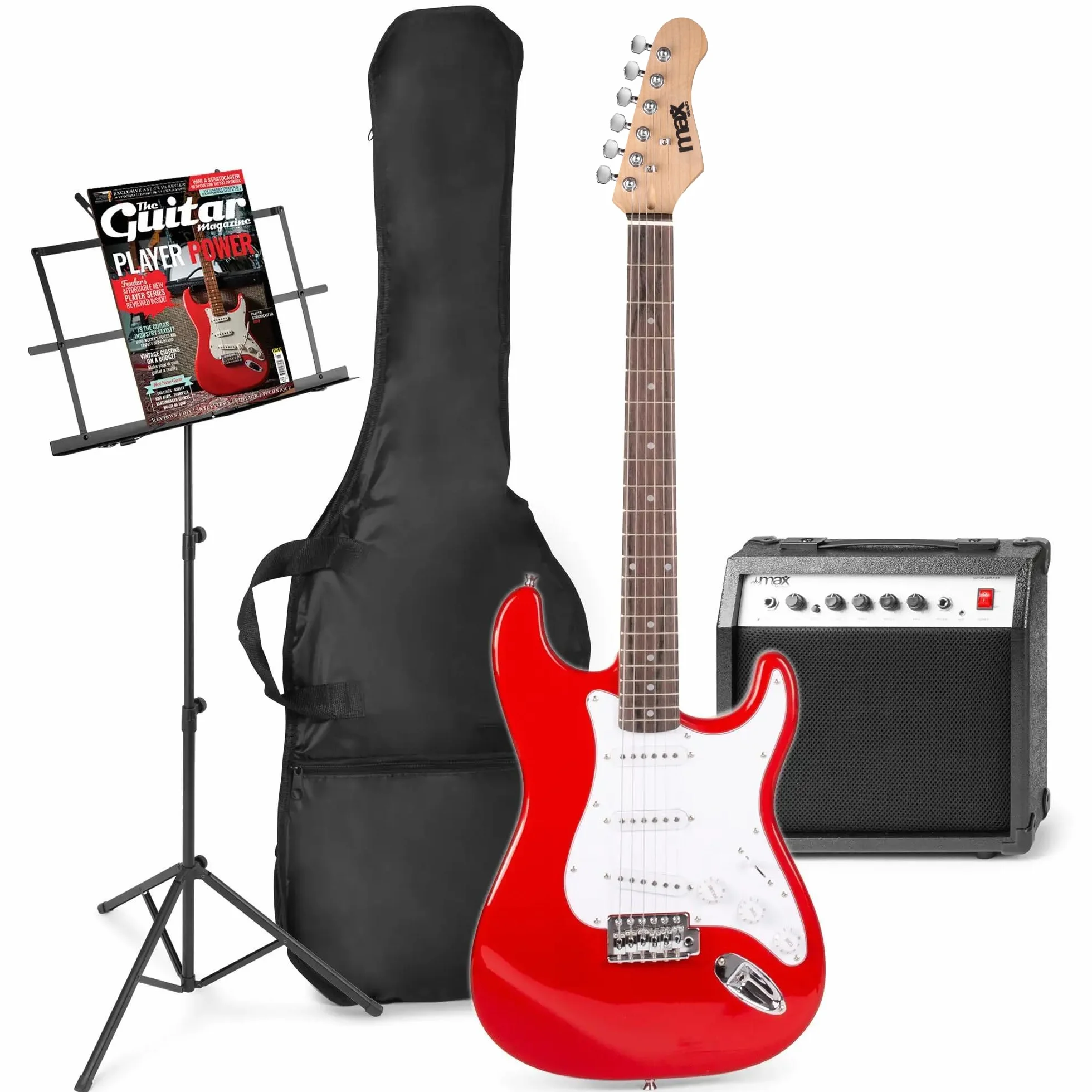 MAX GigKit Pack Guitarra eléctrica - Amplificador de guitarra de 40 vatios, guitarra eléctrica, atril, funda de guitarra, afinador, cable de instrumento, correa de guitarra y accesorios - Rojo