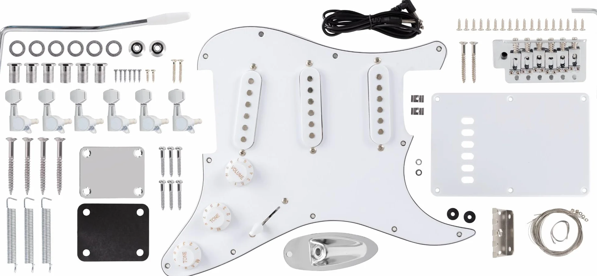 Kit guitarra eléctrica Rocktile estilo ST DIY con hardware: cuerpo de paulownia, mástil de arce, diapasón de palisandro, 3 single-coils, trémolo vintage. Acabado natural.