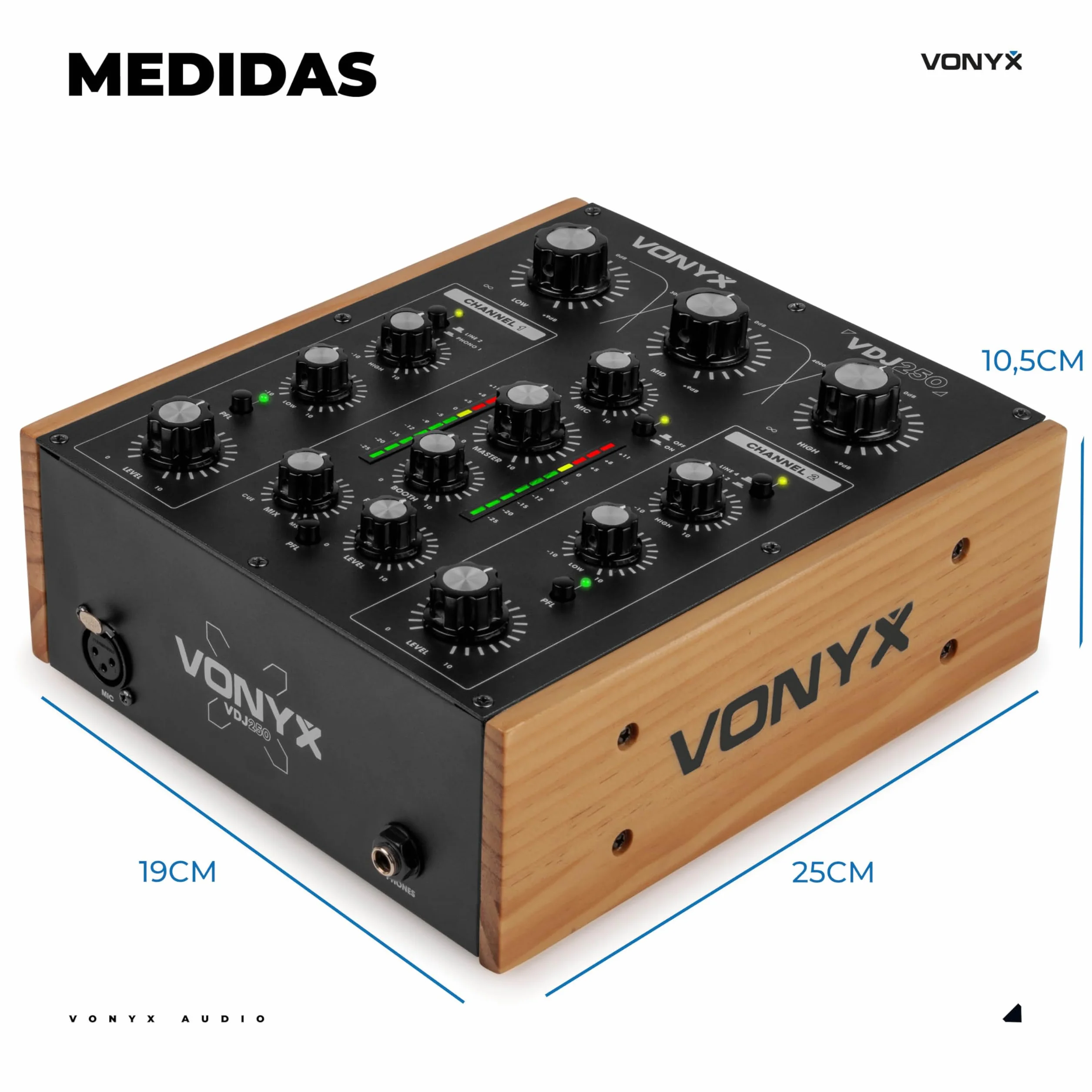 Vonyx VDJ250 – Mezclador DJ analógico 2 Canales con EQ entradas RCA Salida XLR Booth Rec para Tocadiscos y Reproductores diseño Retro Compacto Mixer DJ analogico DJ Booth Mixer vdj250