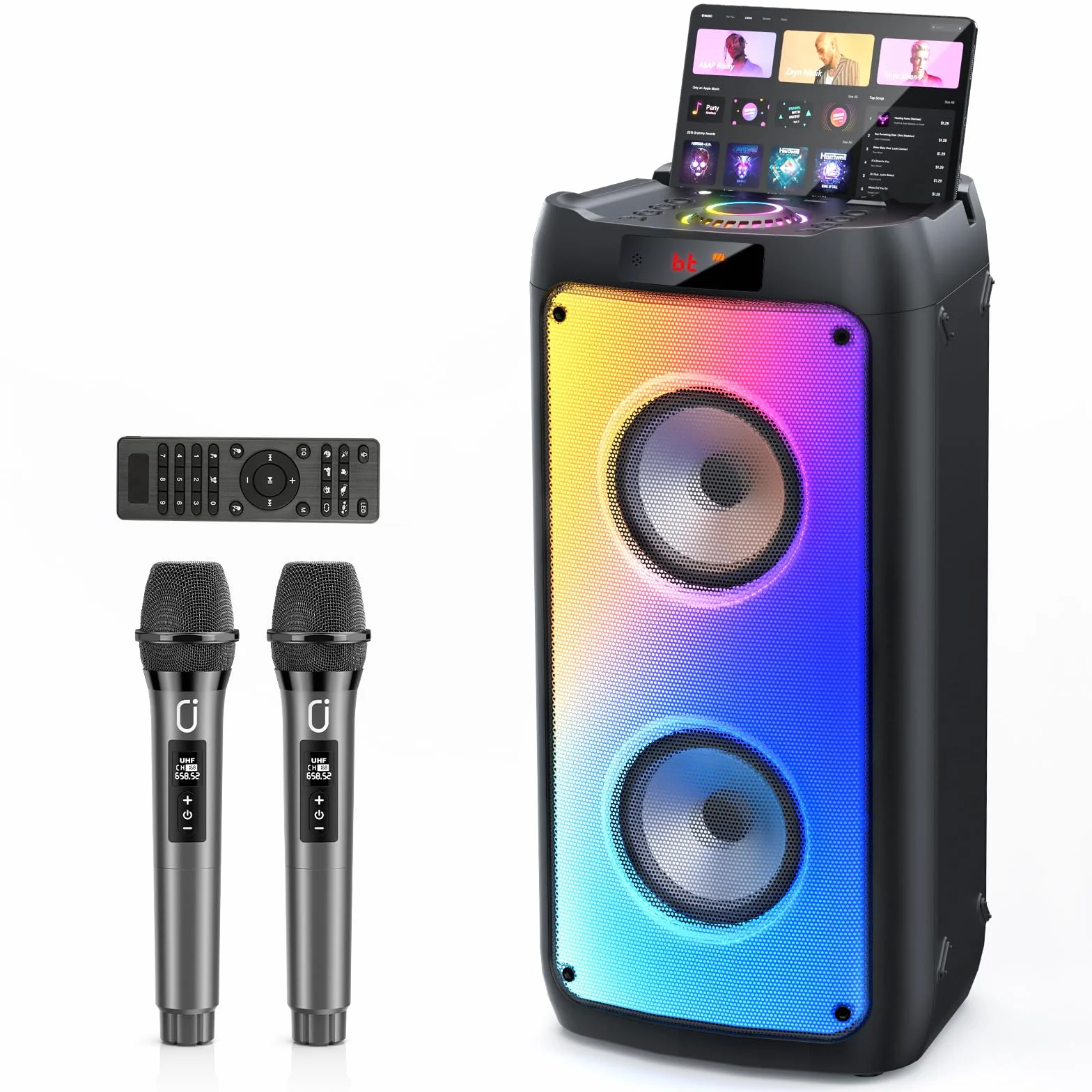 JYX Máquina de Karaoke, Sistema de Karaoke con 2 micrófonos, Altavoz Bluetooth portátil con luz RGB, Set de Karaoke, Sistema PA para Adultos, Fiestas, Compatible con TF/USB, AUX, FM, TWS