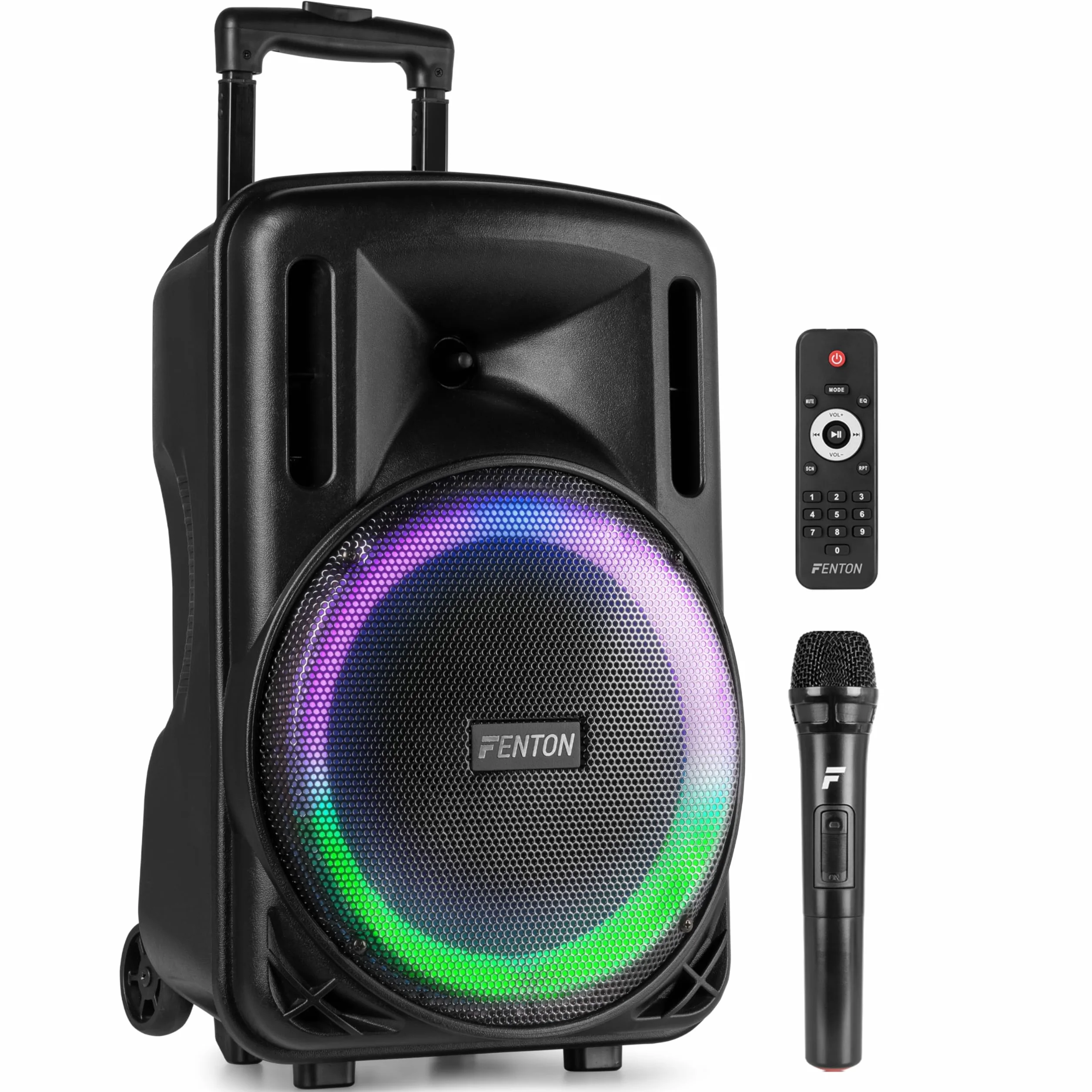 Fenton FT12LED MK2 – Altavoz Bluetooth Grande Potente 700W con micrófono Bluetooth inalámbrico, woofer 12", Altavoz portátil Bluetooth Potente con USB, Karaoke y batería Color Negro