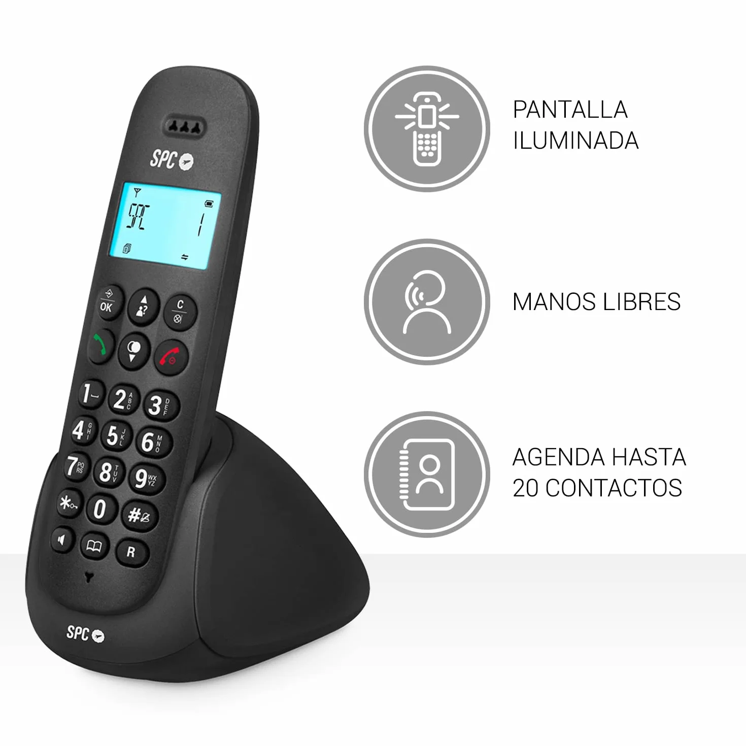 SPC Art Teléfono Fijo Inalámbrico con Pantalla Iluminada, Identificador de Llamadas, Manos Libres, Negro