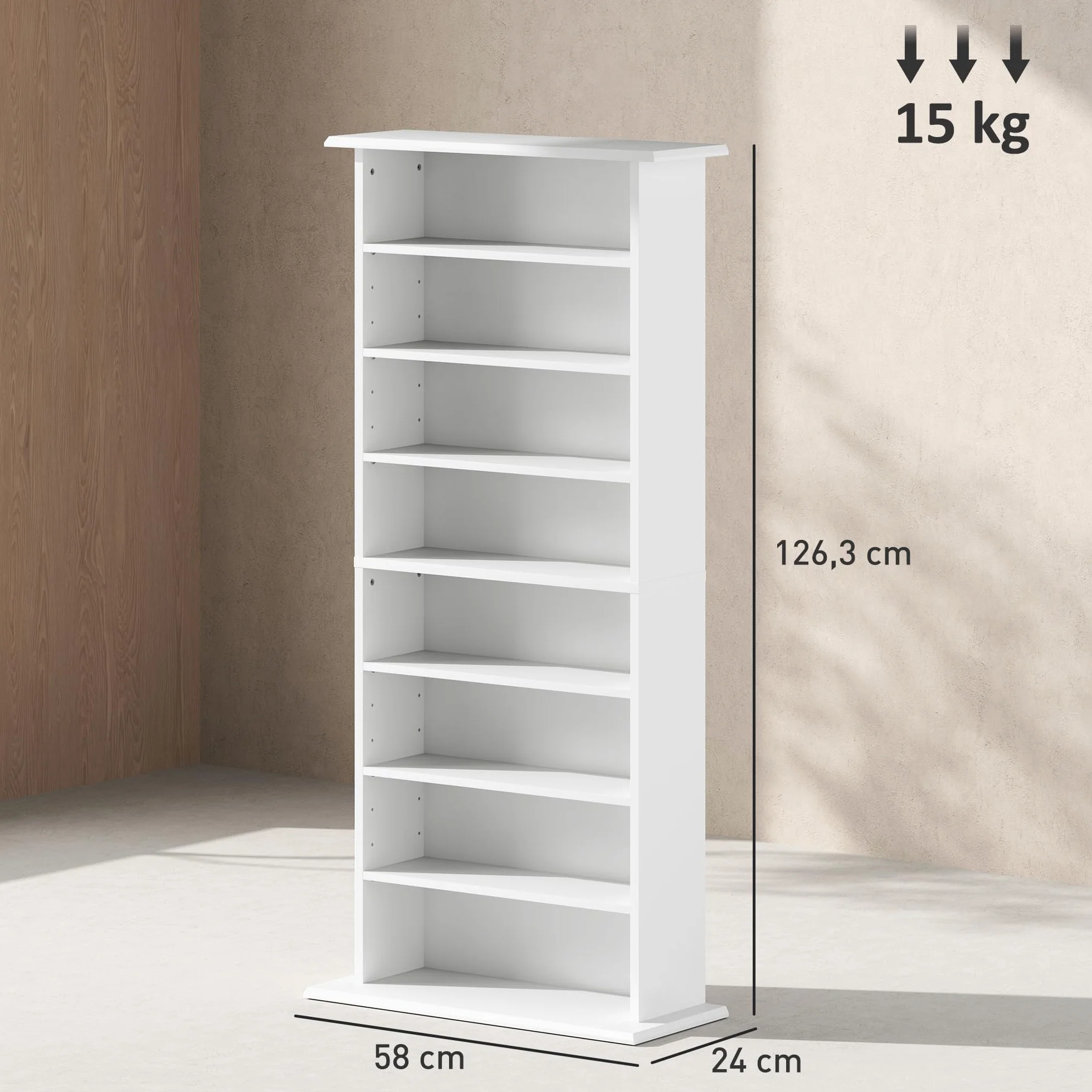 HOMCOM Estantería para CDs y DVDs Soportes para CD Estrechos con 8 Compartimentos Estantes Ajustables para Salón Oficina 58x24x126,3 cm Blanco