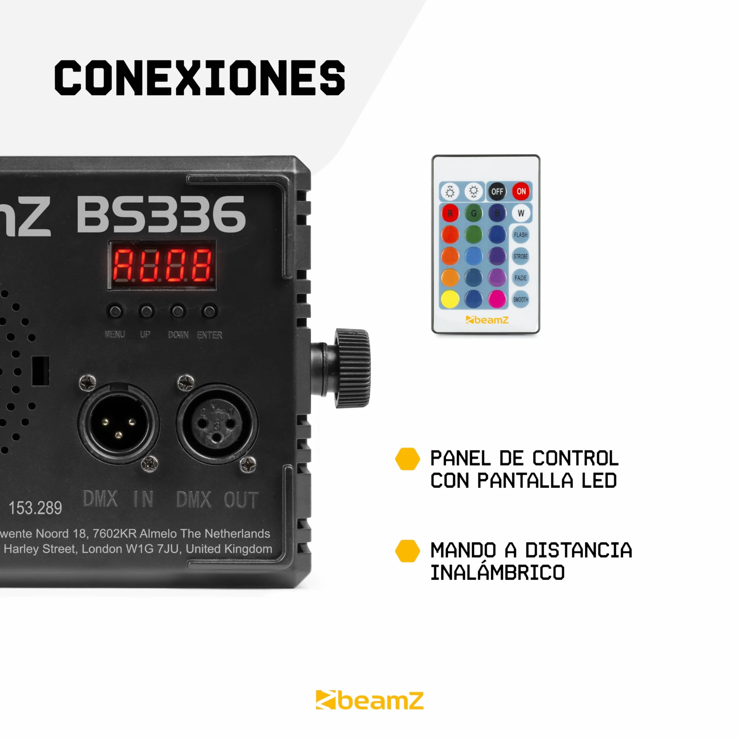 BeamZ BS336 - Combo de Luz Estroboscópica y cegadora LED RGB+Blanco, 336 LEDs RGB + 56 Blancos, DMX512 4/6/12/24/30 Canales, Modo Autónomo, Maestro/Esclavo, Automático, Mando a Distancia