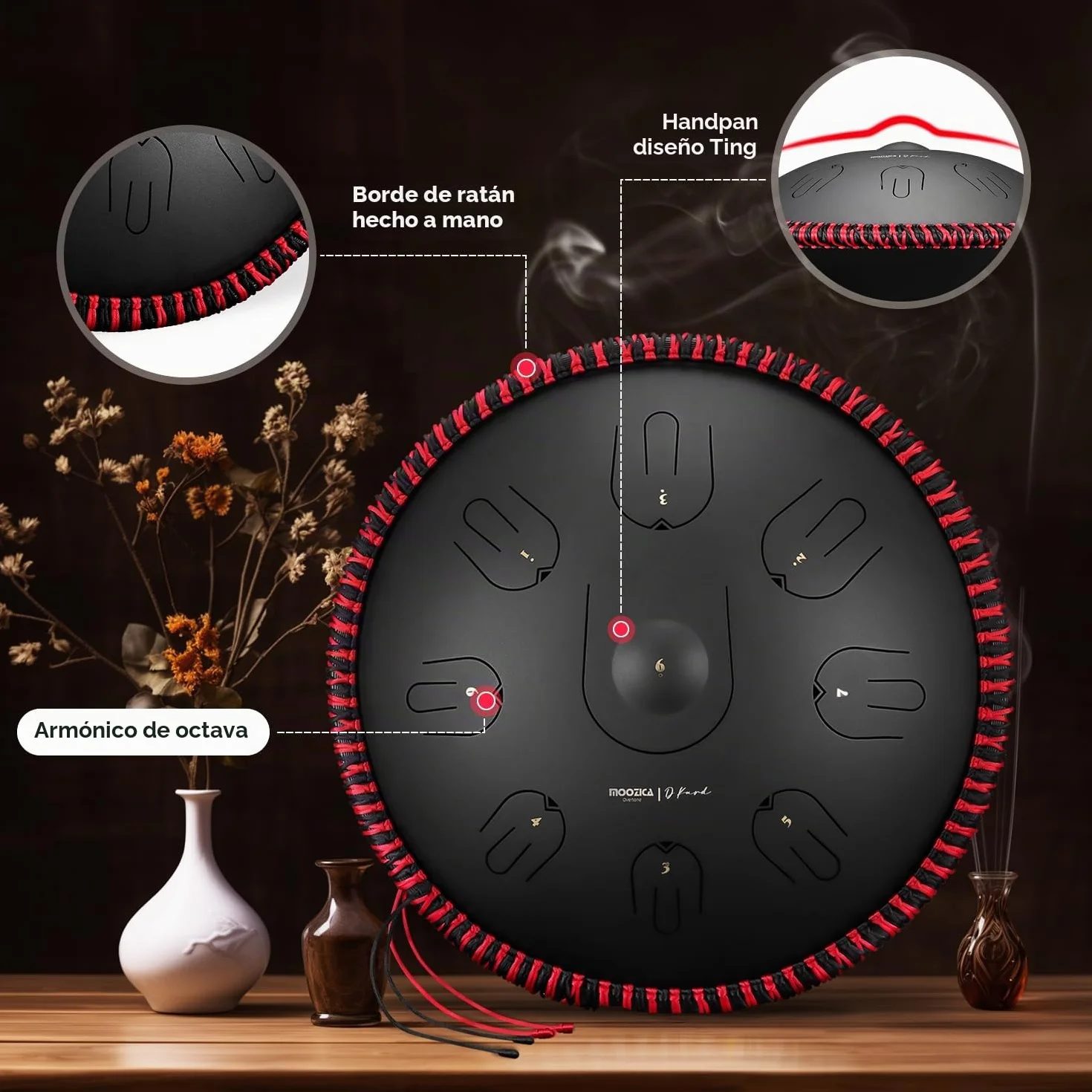 MOOZICA Steel Handpan Tongue Drum, 14 Pulgadas 17 Notas en D Minor con Diseño de Sobretono de Octava, Instrumento de Percusión de Tambor Manual con Bolsa de Transporte (D kurdo, negro)