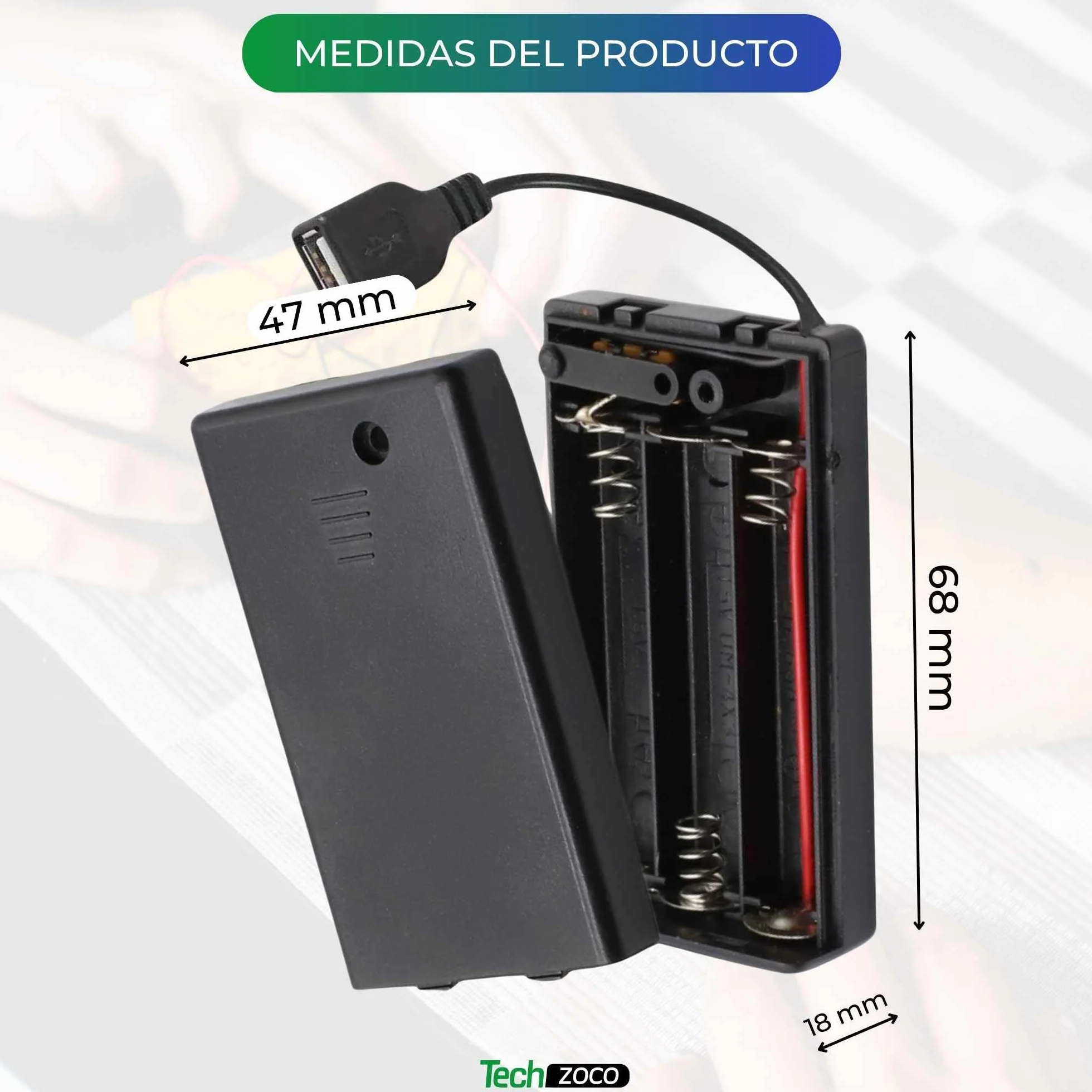 TECHZOCO Portapilas con Interruptor ON/Off, Soporte de Batería AA, Caja de Batería, Porta Pilas, Incluye Cable USB Hembra, Voltaje Total 4.5V (1.5V por Pila), Apto para 3 Pilas LR6 AA (FR6, HR6, LR6)