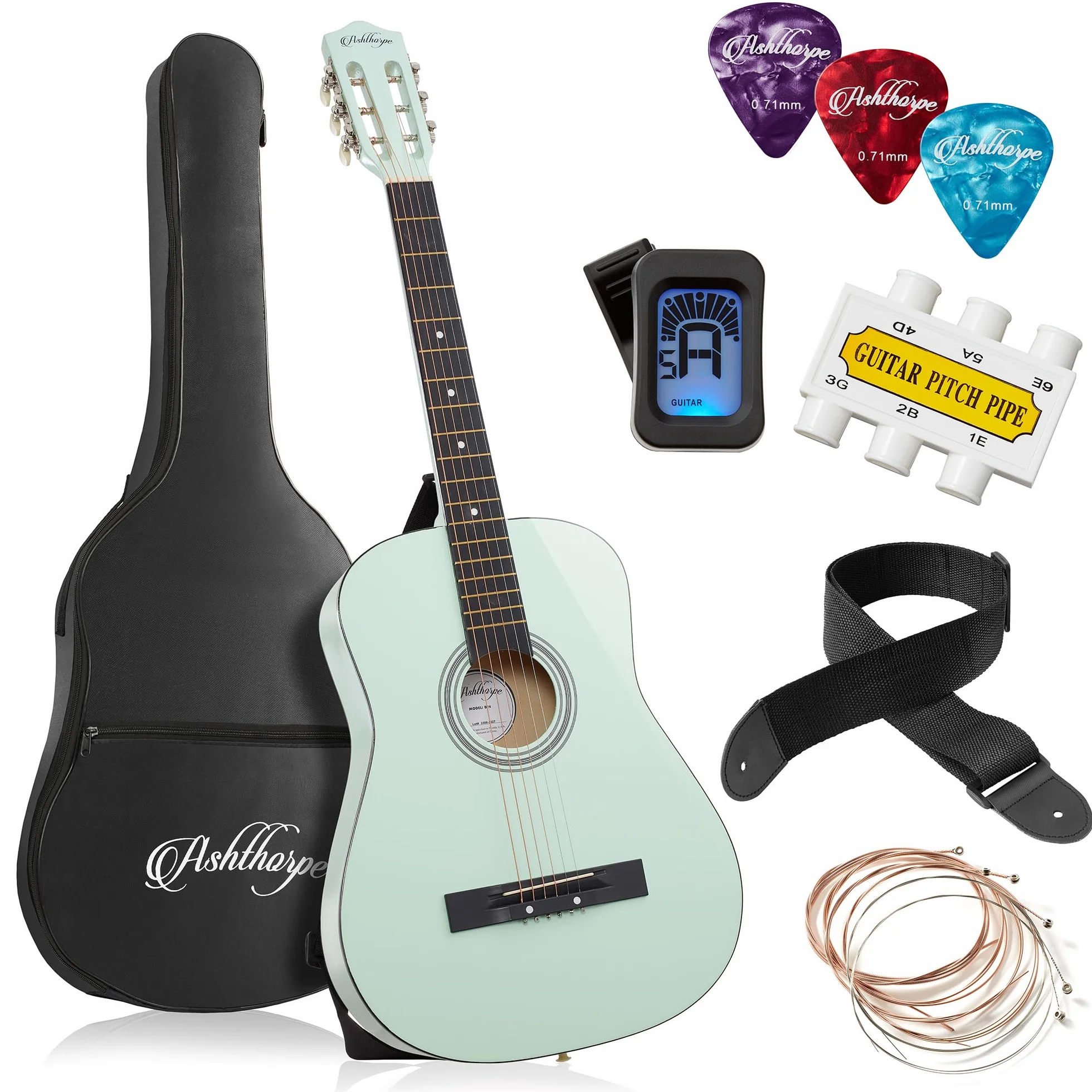 Ashthorpe Paquete de guitarra acústica para principiantes de 38 pulgadas (verde menta), kit básico para principiantes con bolsa de concierto, cuerdas, correa, afinador, púas