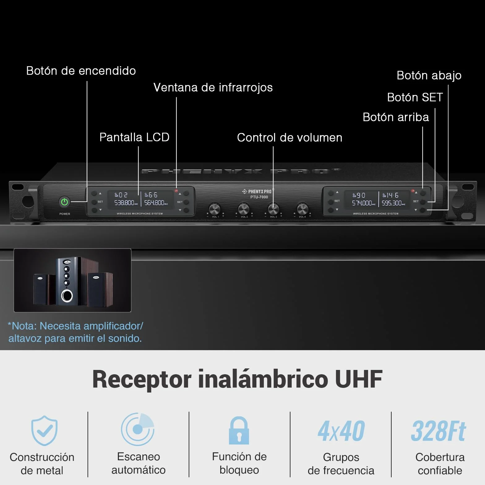 Phenyx Pro Sistema de microfono inalámbrica UHF de 4 canales con exploración automática, 4 Bodypacks/Auriculares/Micrófonos de solapa, 4x40 frecuencias, 328ft Cobertura, para iglesia, DJ (PTU-7000-4B)