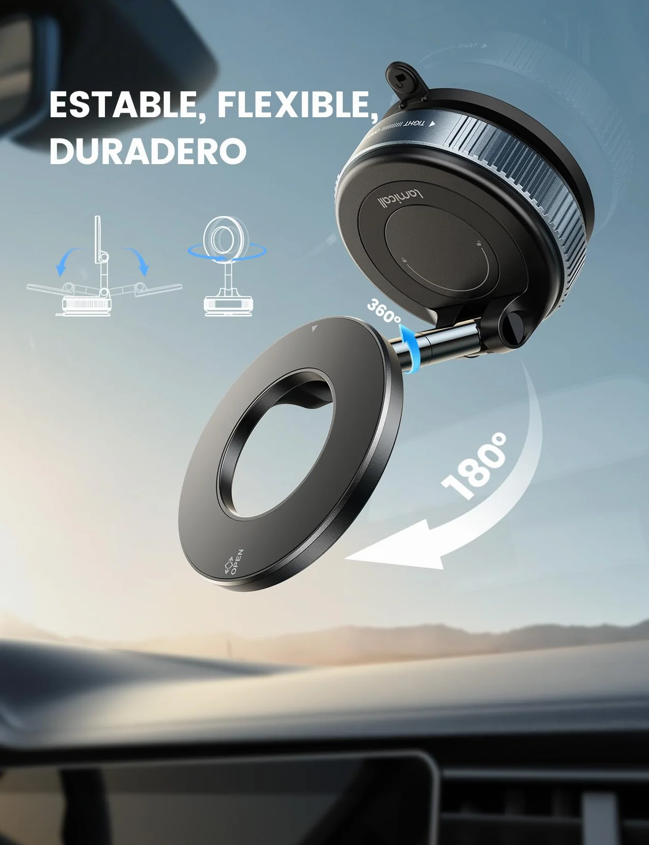 Lamicall Soporte Móvil Coche para MagSafe - [Ventosa de Vacío & 24X N55 Imanes] 360° Rotación, Soporte Coche para Salpicadero/Parabrisas, Soporte Magnetico para iPhone 17 16 15 14 13, Otro Smartphone