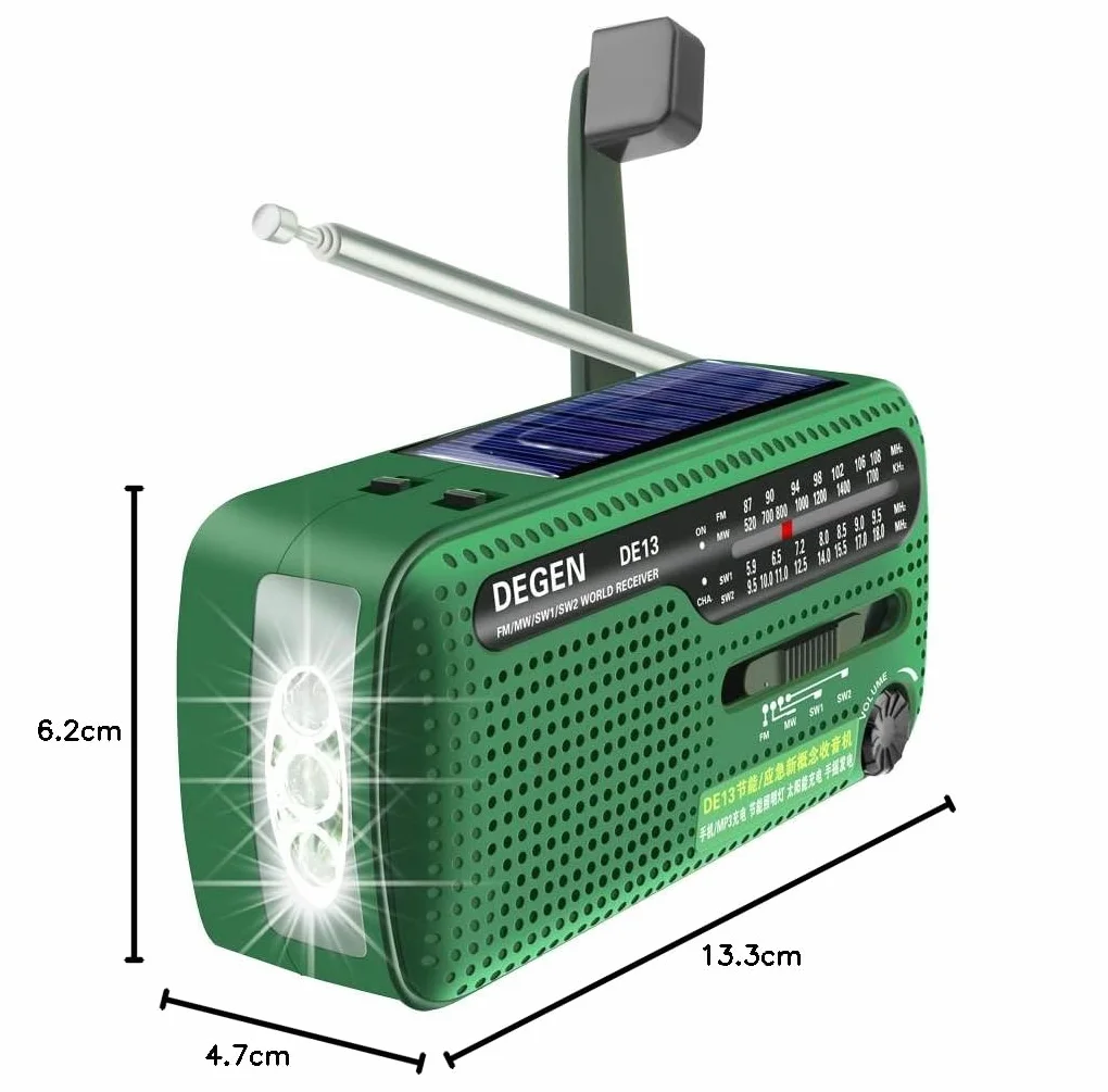 DE13 Radio a Pilas Solar de Emergencia con Manivel, Radio Portátil Pequeña FM Am SW Energía Solar, Manivela de Dinamo Manual Linterna Lámpara de Campamento for Apagón