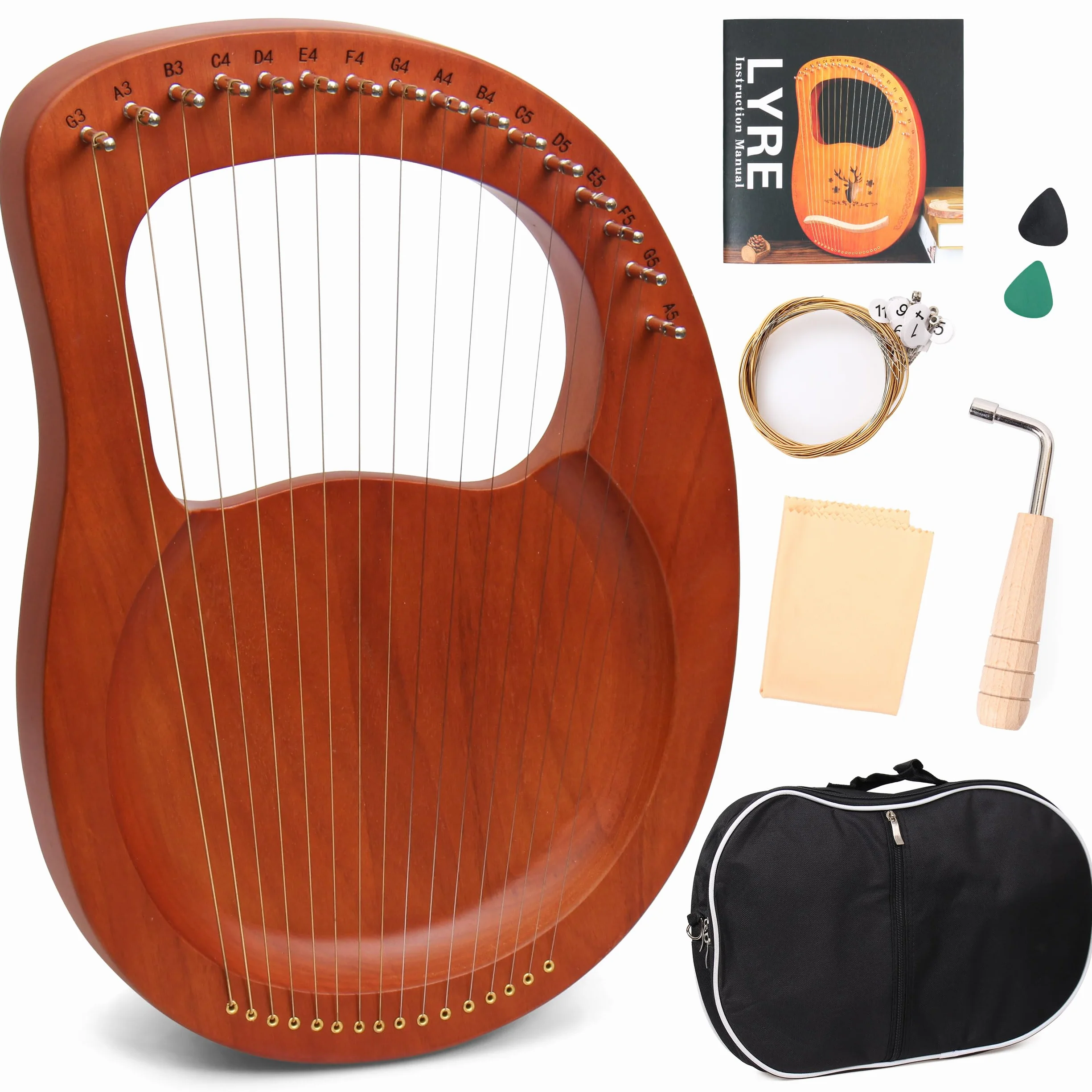 Arpa Lira de 16 Cuerdas Arpa de Madera Lyre Harp con llave de Afinación y Bolsa Negra instrumento lira, Marrón, Plancton