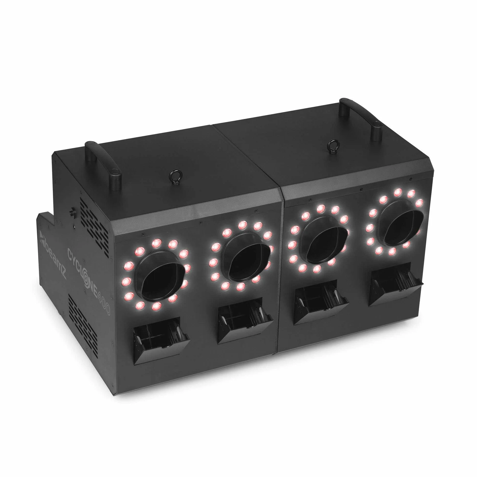 Beamz Cyclone400 - Máquina de Humo y Burbujas con 48 LED RGBW 500m³/min Control DMX Mando inalámbrico Efectos Especiales Fiestas Eventos Discoteca Halloween Decoracion Smoke Machine, Color Negro