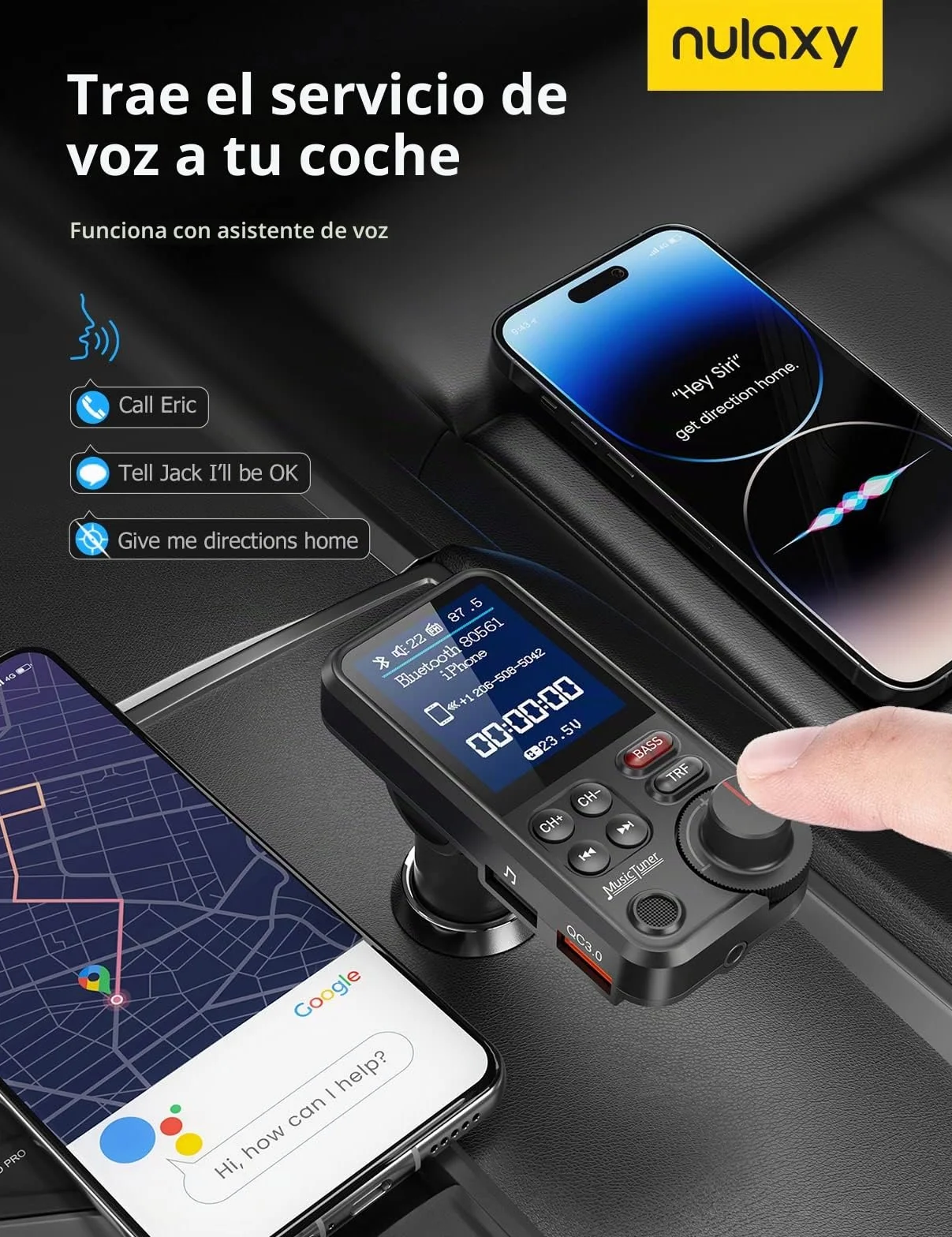 Nulaxy Transmisor Bluetooth Coche KM30, Micrófono Fuerte, Pantalla a Color 1.8", Carga QC3.0