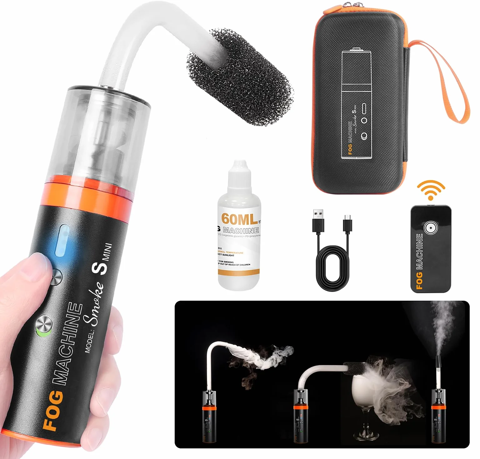 LENSGO Maquina de Humo Portatil con 60ml Líquido, Remoto Inalámbrico, Alimentado por Batería, Maquina de Niebla para Fotografía, Fiestas, Halloween, Bodas,Escenario, Smoke Mini