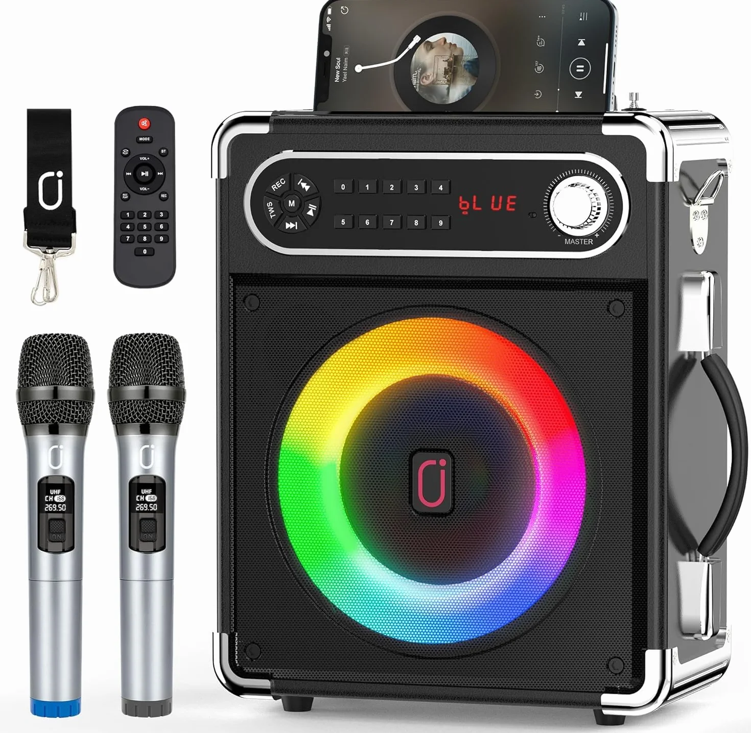 Altavoz Bluetooth, altavoz inalámbrico portátil, caja de música con luces LED de colores mixtos y 2 micrófonos, fuerte con graves potentes, compatible con tarjeta USB/TF/AUX/FM/Rec para fiestas