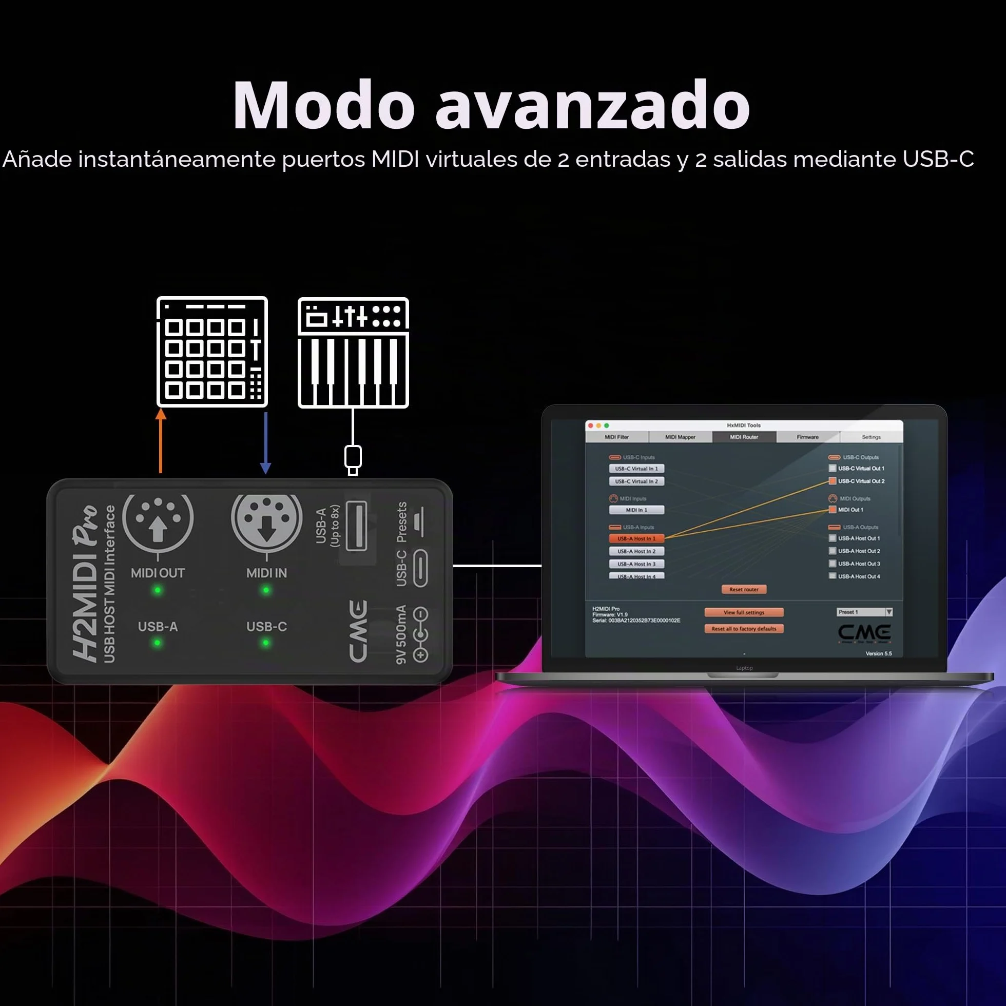 CME H2MIDI Pro - Interfaz MIDI USB Host compacta y versátil con router, filtro, mapper, procesador de 32 bits y doble fuente de alimentación para guitarristas y productores