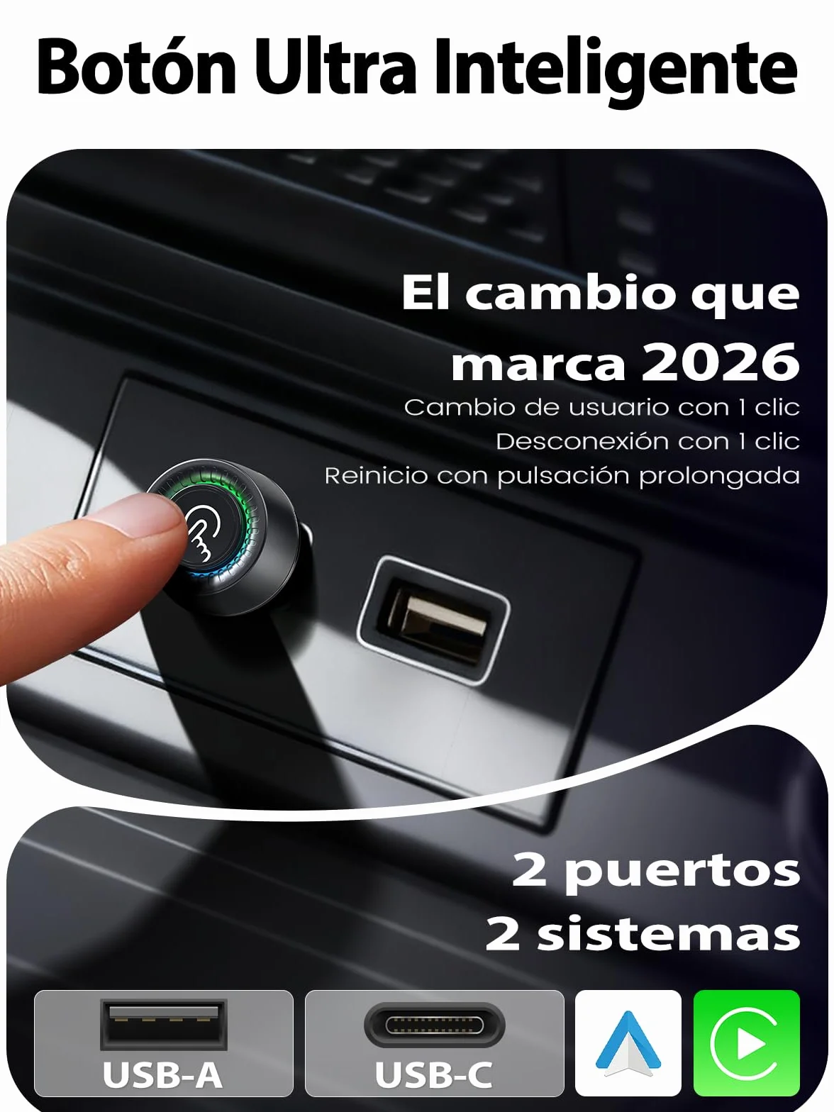 Adaptador CarPlay Inalámbrico - Cambio entre 2 Móviles con Botón, Android Auto Inalámbrico, Ultra Mini, Conexión Estable sin Sobrecalentamiento, Compatible con iPhone (iOS 10+) y Android 10+, USB-A/C