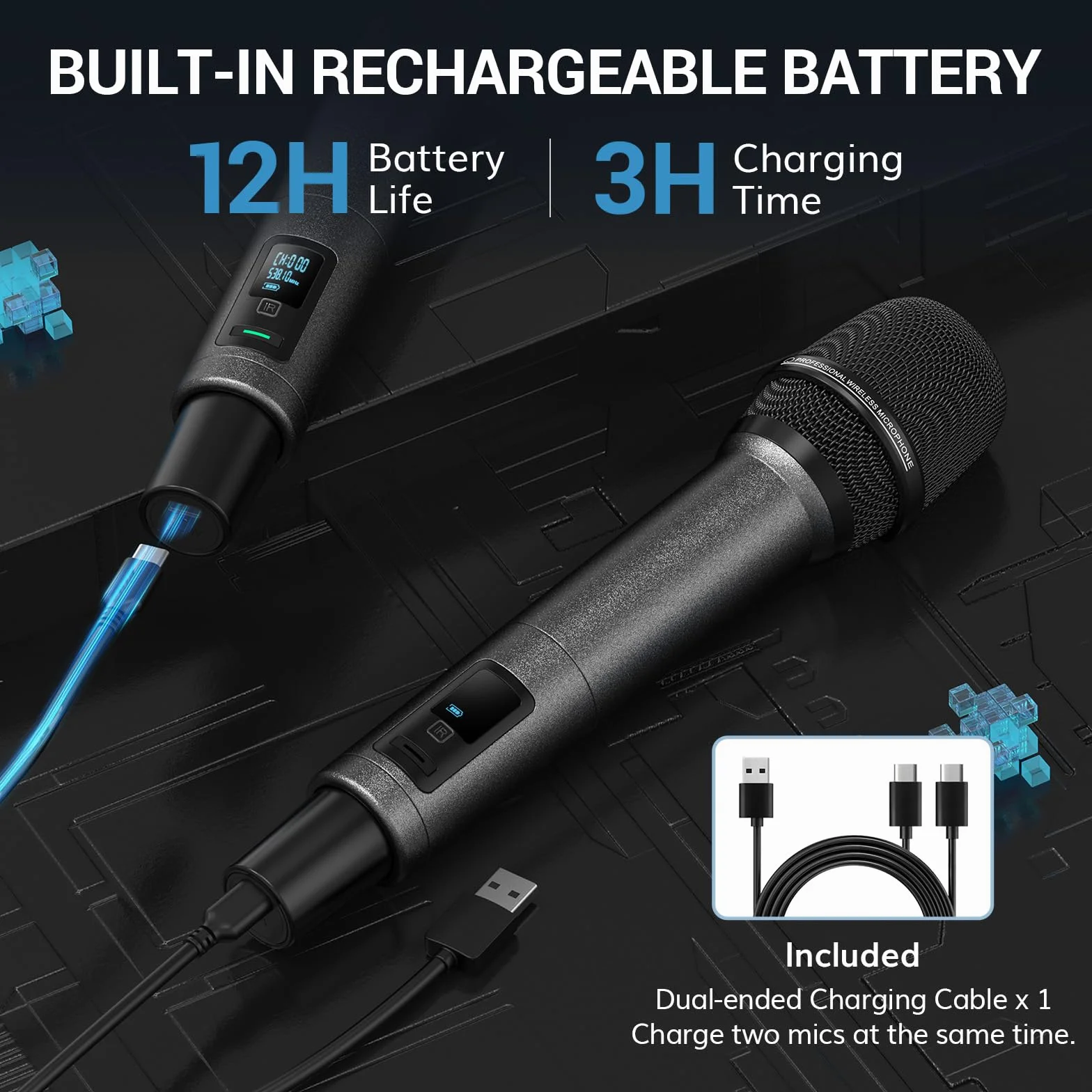 TONOR Sistema de Micrófono Inalámbrico, Micrófono Profesional Recargable, Micrófono Dinámico Inalámbrico de Metal UHF 2x100 para KaraokeIglesia, Canto, Bodas, Reuniones, DJ, Auto Scan, 80 M, TW550