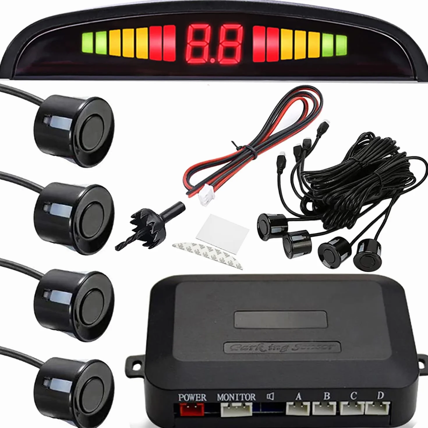 Retoo Sensores Aparcamiento Coche, Kit De Aparcamiento Coche 4 Sensores, Universal Asistentes De Aparcamiento, con Pantalla De LED, Alarma De Sonido, Alarma De Audio De Marcha Atrás