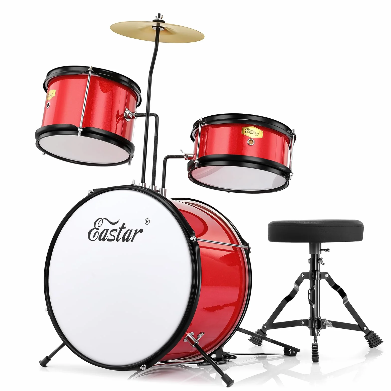 Eastar Drum Set 14 pulgadas para principiantes, 3 piezas Junior Drum Kit con Bass Tom Snare Drum, trono ajustable, platillo, pedal y dos pares de baquetas (rojo metálico)