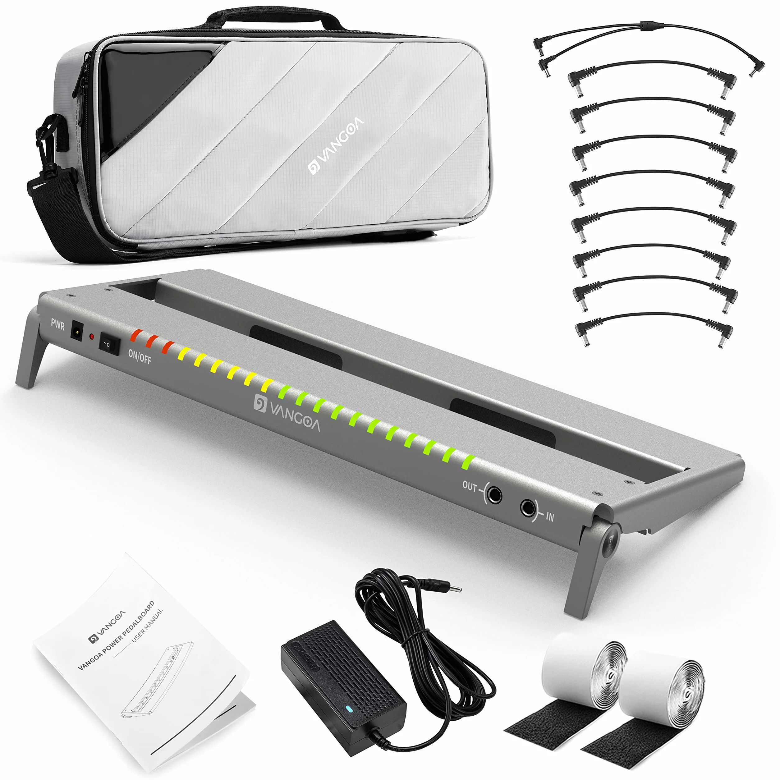 Vangoa Pedalera de guitarra con fuente de alimentación aislada incorporada, VPPD-S pedalboard eléctrica portátil pequeña y plegable de aluminio con bolsa de transporte, 41x16.5cm,1.3 kg,gris