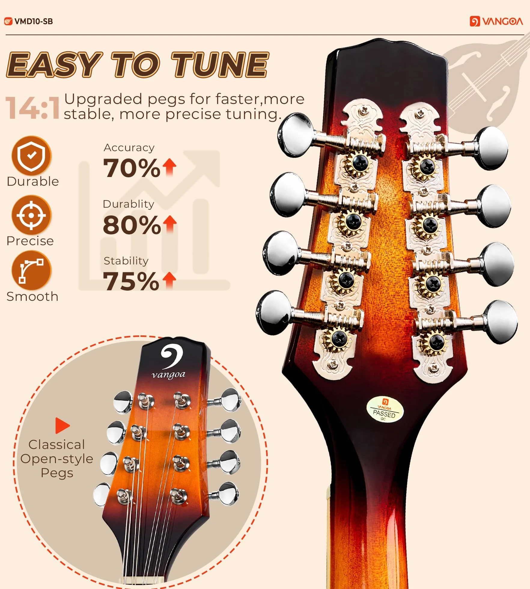 Vangoa Mandolina de 8 Cuerdas Acústica A-Estilo Tradicional Bluegrass Instrumento de Mandolinas para Principiantes, Sunburst