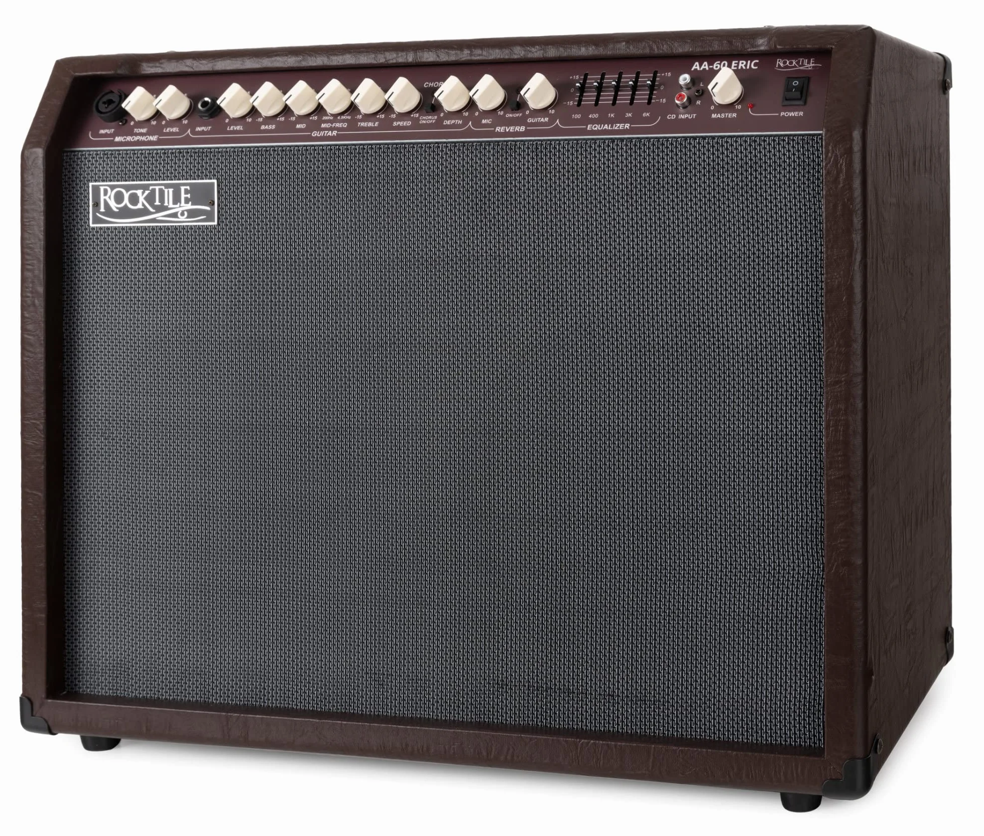 Rocktile AA-60 BN Eric Amplificador Acústico 60W, 2 Canales (micrófono y Guitarra), 2 Altavoces 10" + tweeters 2,5", Entrada AUX, Salida línea, Efectos Chorus y reverberación, marrón.