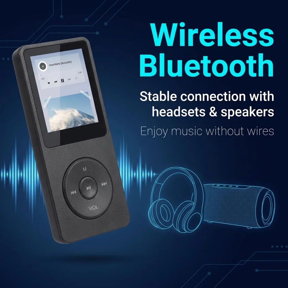 Reproductor MP3 Bluetooth 5.3 32GB con Altavoz, MP3 Player para Niños Deportes, Hi-Fi, Batería 70h, Pantalla 1,8"