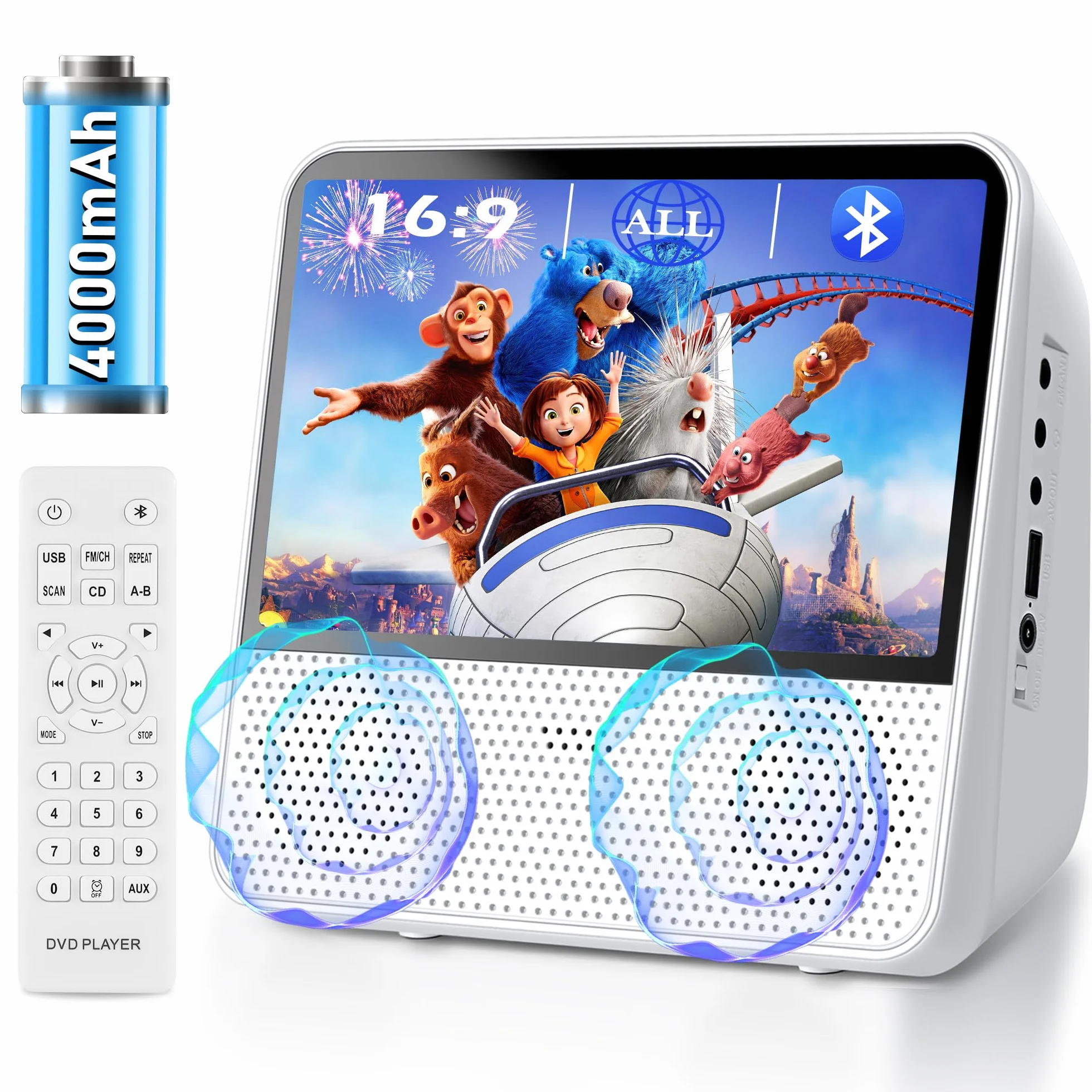 Reproductor DVD Portátil Bluetooth 4000mAh Recargable Región Libre para Coche con Altavoces Dobles Compatible CD USB