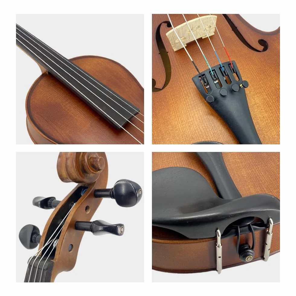 Viola de 4 cuerdas de tamaño completo meticulosamente elaborada con parte trasera de madera de arce, madera de abeto adornada con diapasón de ébano adornado, soporte de barbilla completo