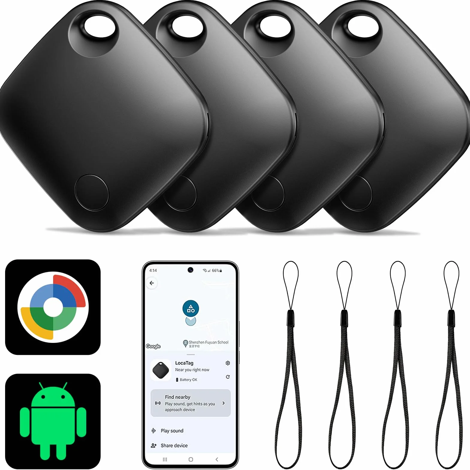 Smart Tag Bluetooth Localizador Llaves Paquete de 4 Android Aplicable Buscar mi Dispositivo Google Smart Finder Equipaje Negro