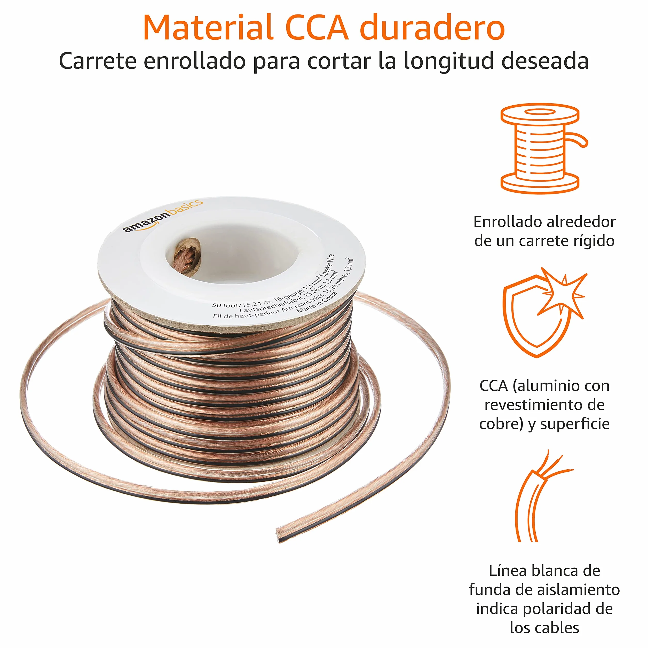Amazon Basics Cable para altavoz de calibre 16 (50 Feet, 15.24 m, 1.3 mm)
