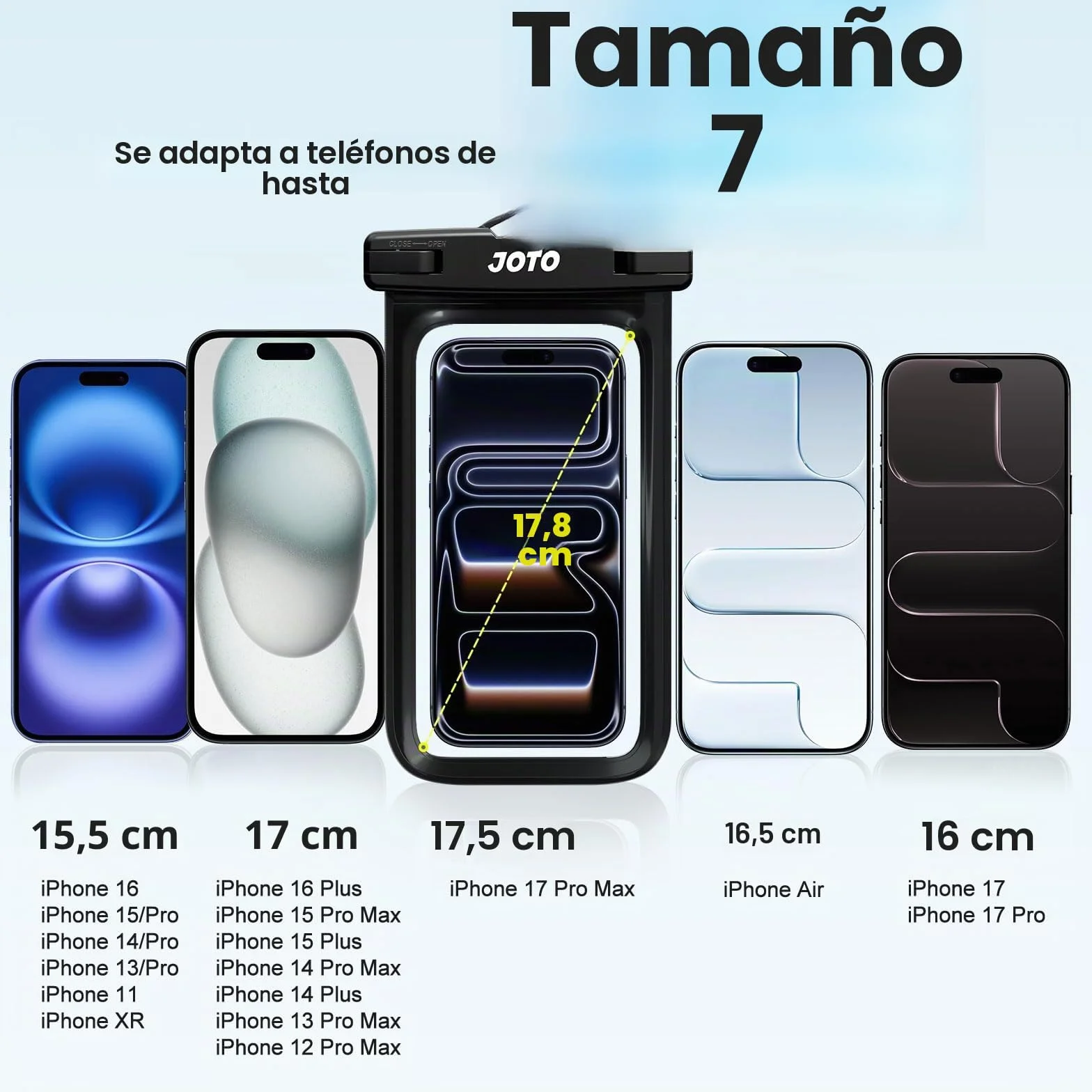 JOTO Funda Impermeable Móvil [2 Unidades], Funda Acuática IPX8 con Cuerda Ajustable para iPhone 17/16/15/14/13/12 Air/Pro MAX, Galaxy S20+/S10e, Huawei y Otros Móviles hasta 7" -Negro