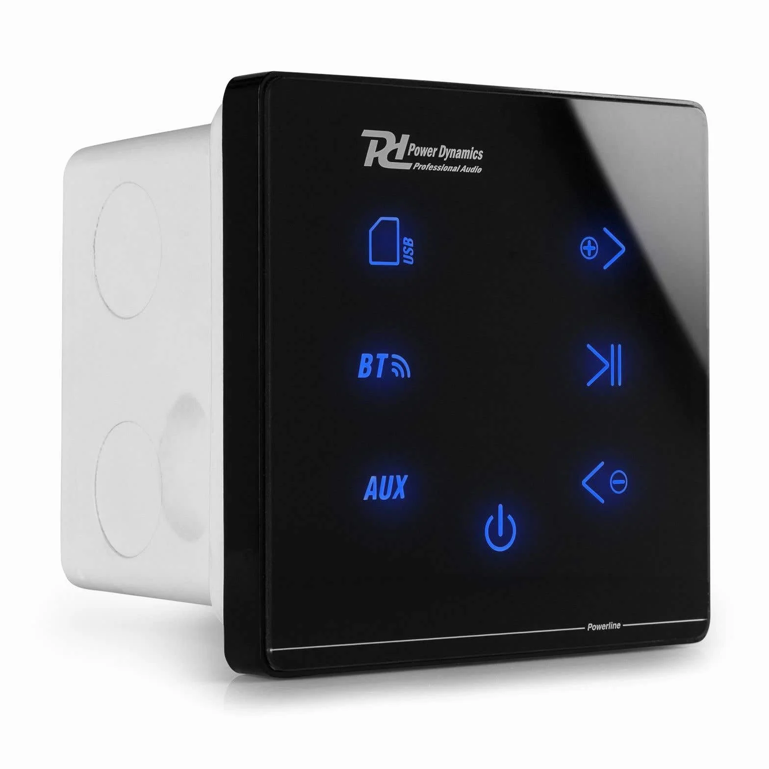 Power Dynamics Powerline A50B - Pack con Amplificador de Pared con Panel táctil, Bluetooth 5.0 y Reproductor MP3 USB/Micro SD, 2 Altavoces de Techo Negros 6,5" y Cables de 10 m incluidos