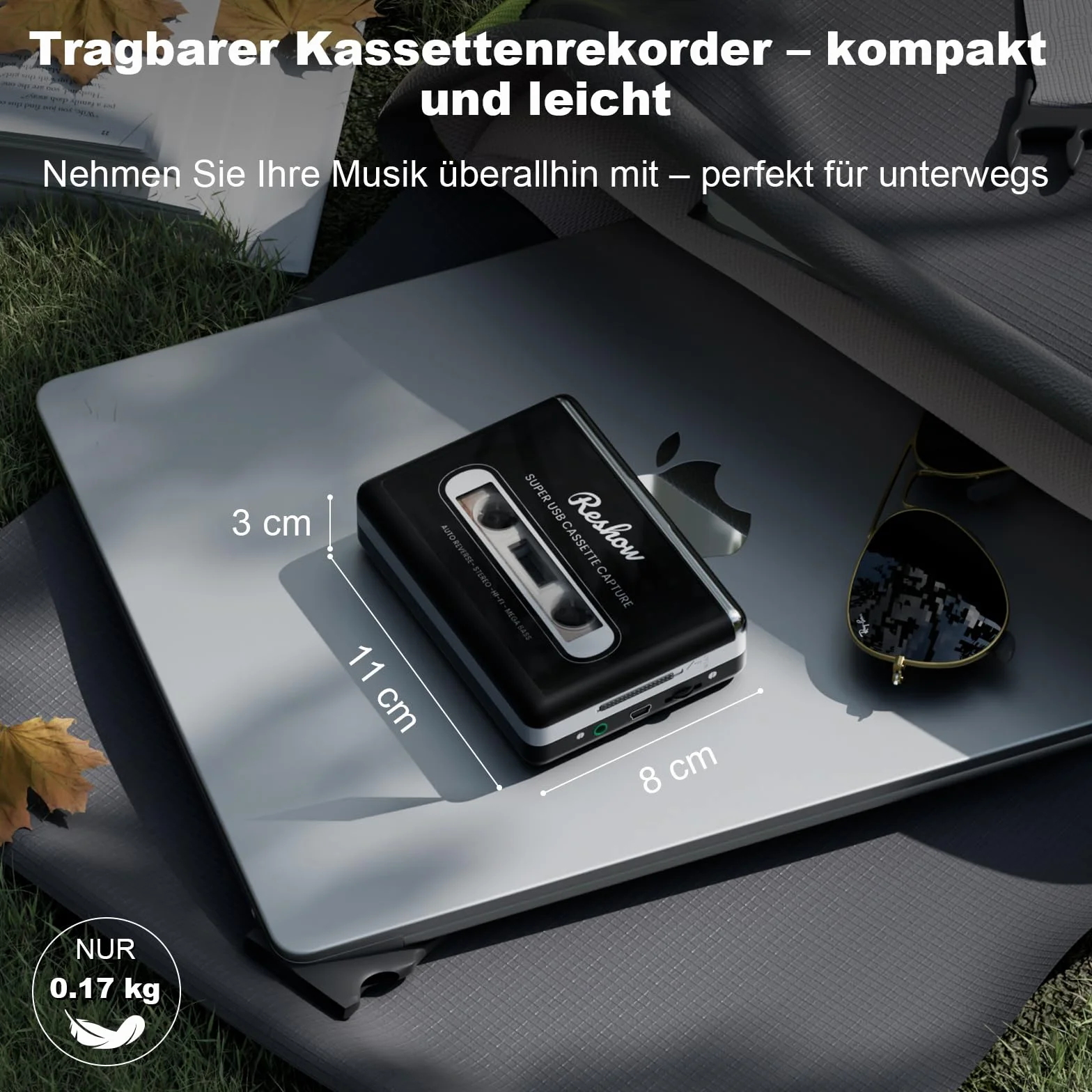 Reshow Grabadora de casete portátil convertidor USB a MP3 con micrófono y altavoz auriculares blanco